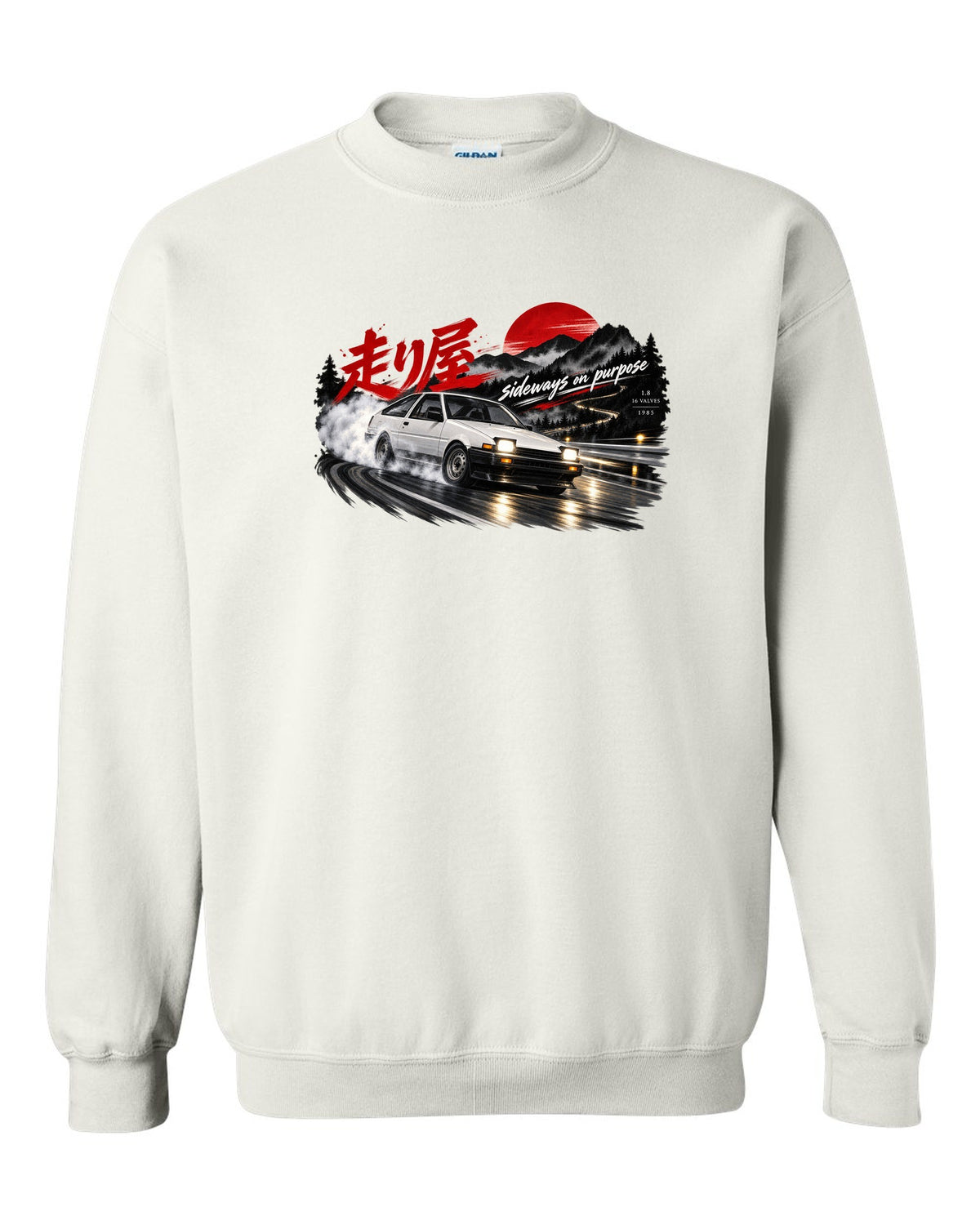 VW Golf Mk2 16V front three-quarter sliding at night with touge kanji white crewneck front view with the design