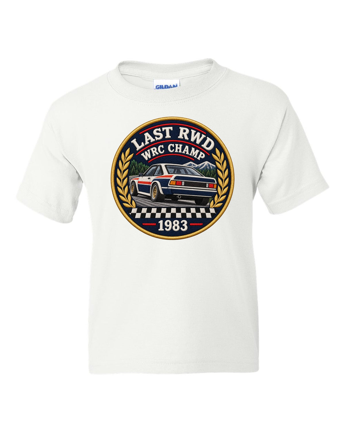 Embroidery patch style print of a 1983 Lancia Rally 037 with Last RWD WRC Champ lettering white kids tee front view with the design