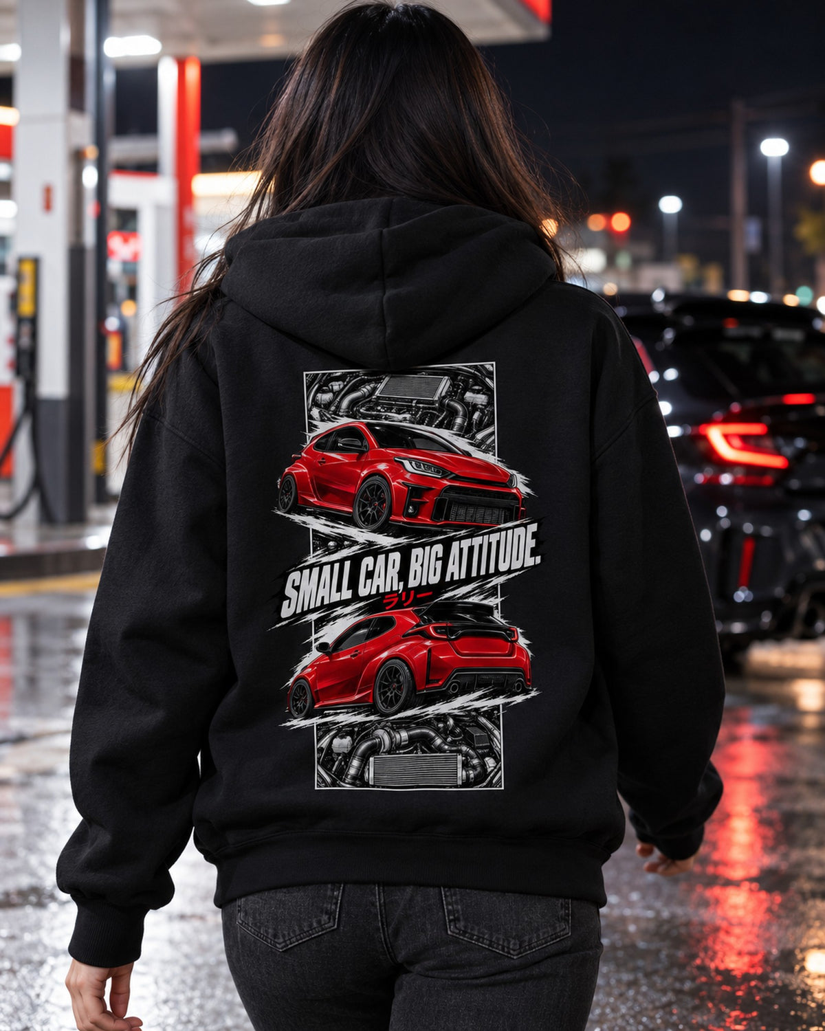 Toyota GR Yaris Torn Poster Full-Back Graphic Tee Pull Over Hoodie Black worn hero
