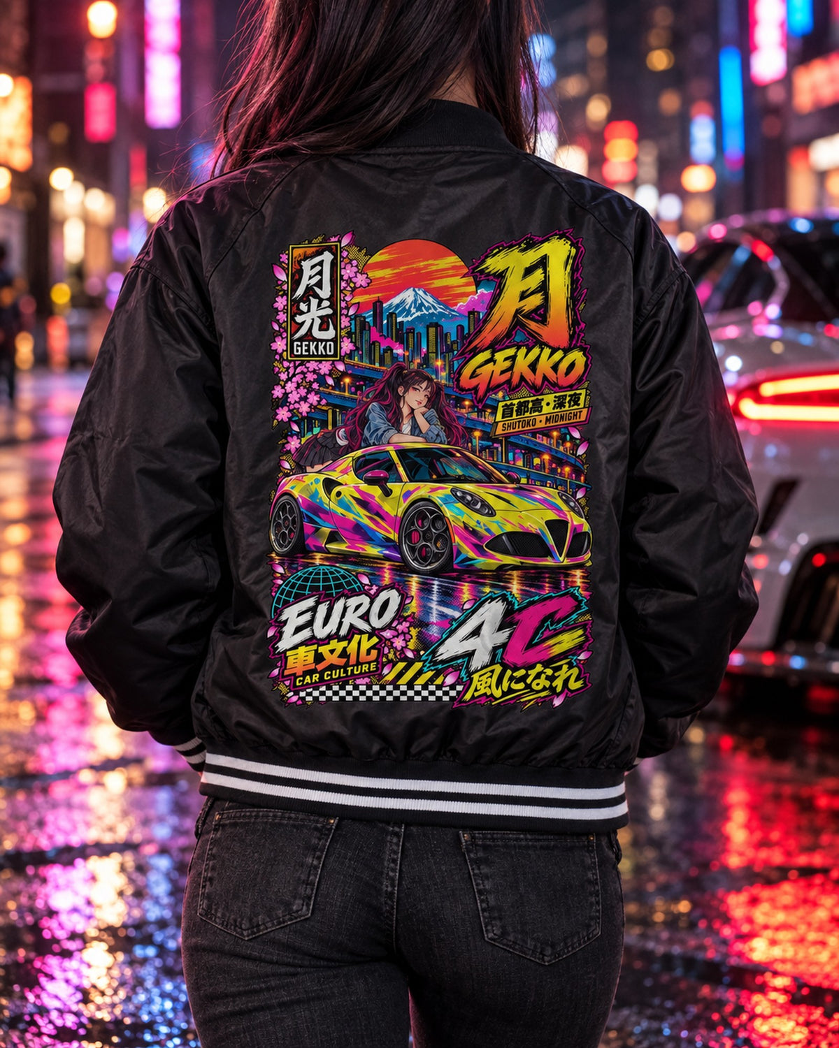 GEKKO 4C Anime Girl Full-Back Graphic Tee Bomber Jacket Black worn hero