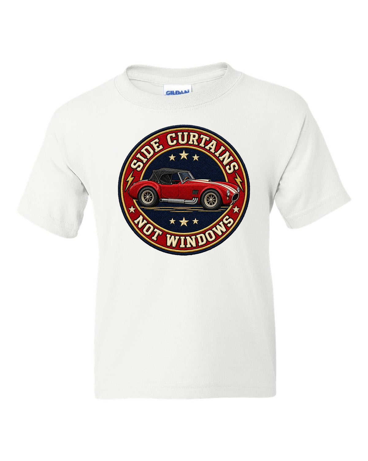 Embroidery-style varsity crest design with a 1992 Dodge Viper RT/10 SR I white kids tee front view with the design