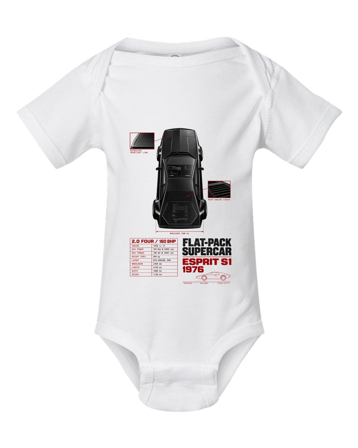 Lotus Esprit S1 top-down spec poster with 2.0 four and 160 bhp white baby onesie front view with the design