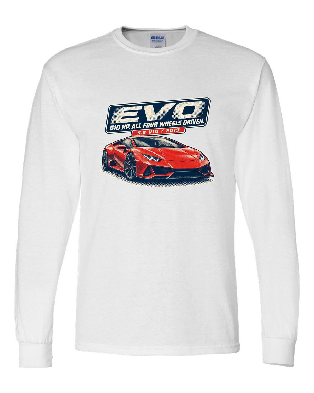 Halftone print of the Lamborghini Huracan EVO white long sleeve front view with the design