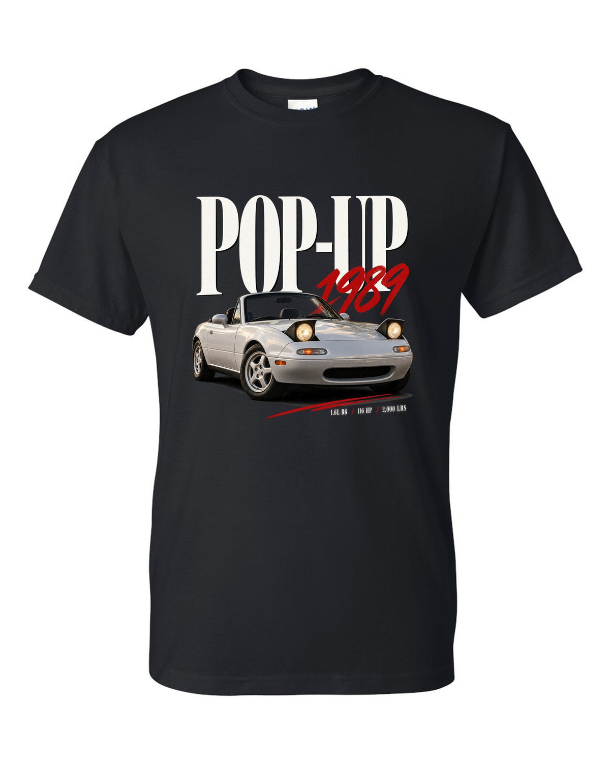 Editorial headline print for the Mazda MX-5 NA 1989-97 reading pop-up, 1989, 1.6L B6 black t-shirt front view with the design