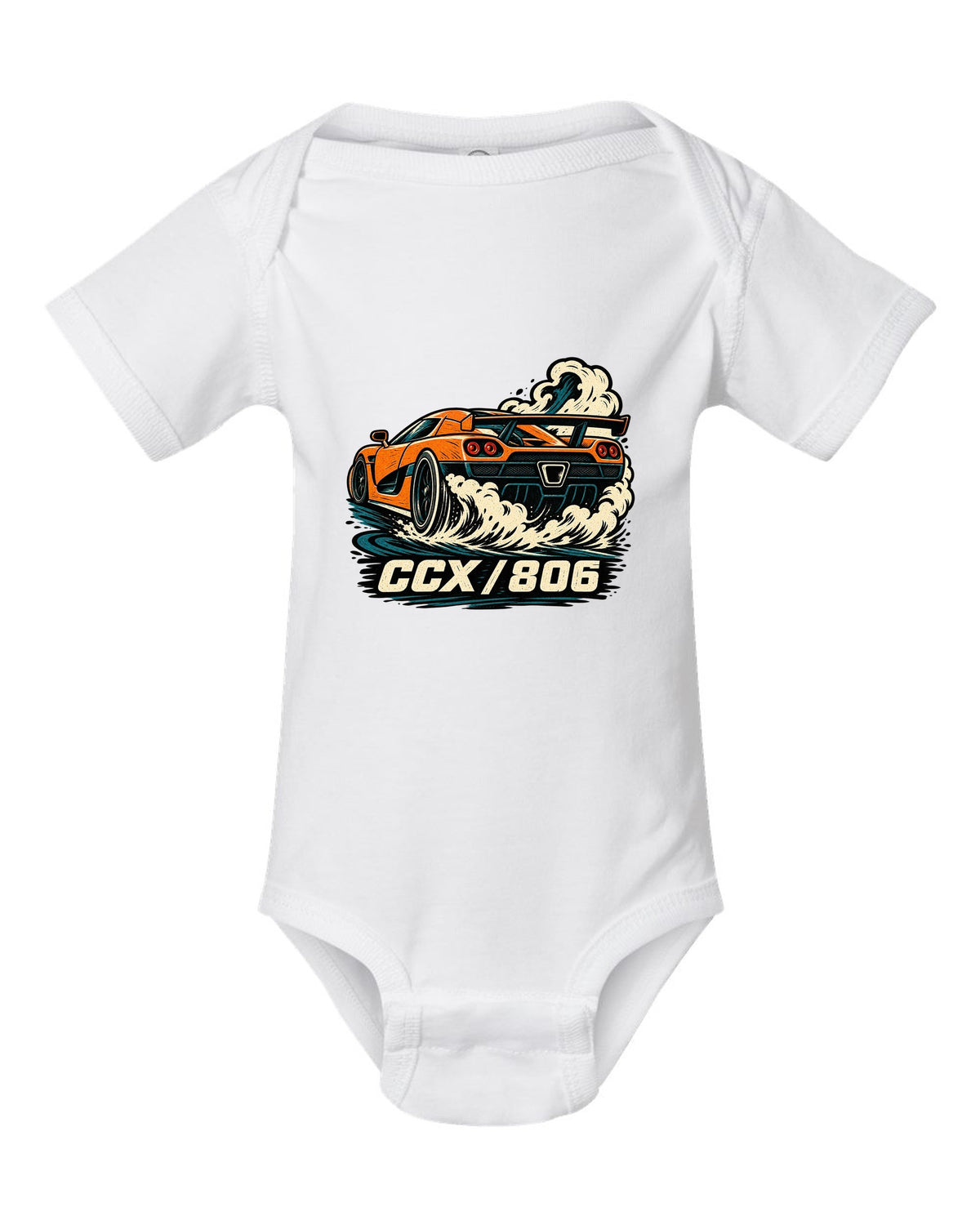 Linocut style illustration of a Koenigsegg CCX doing a burnout with CCX 806 lettering white baby onesie front view with the design
