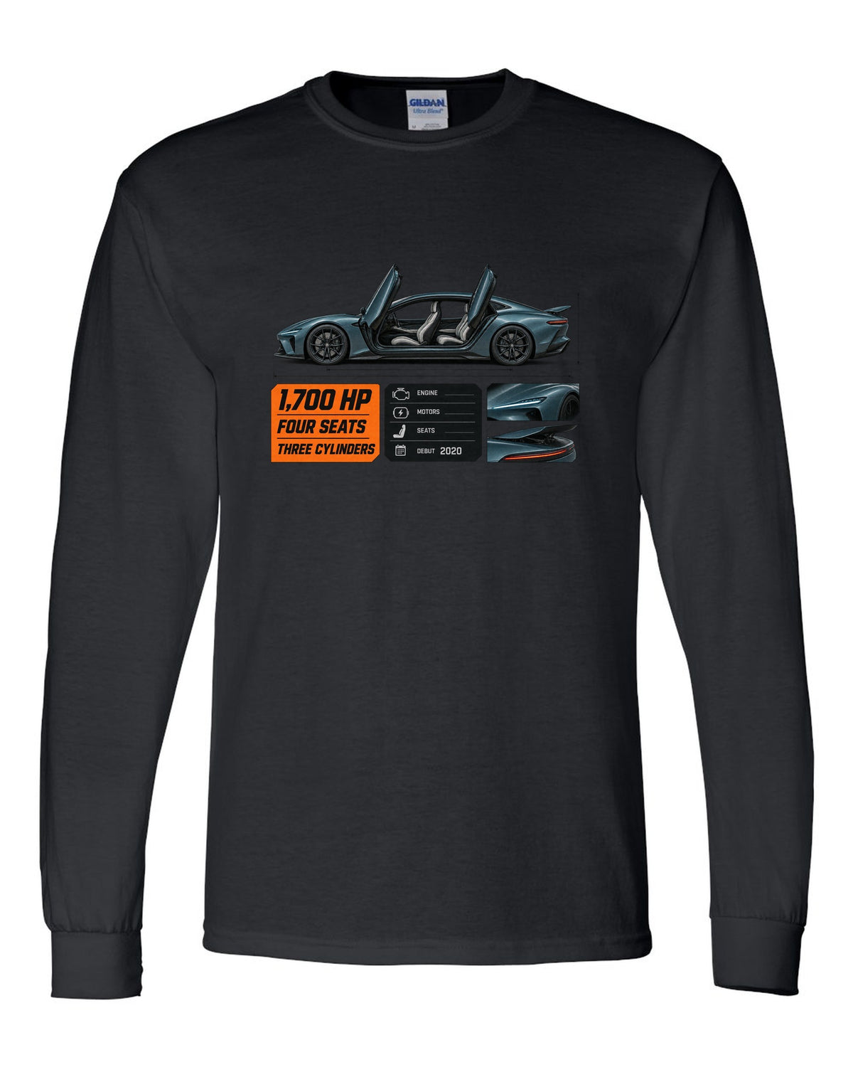 Spec poster of the Koenigsegg Gemera four-seat hypercar, print black long sleeve front view with the design