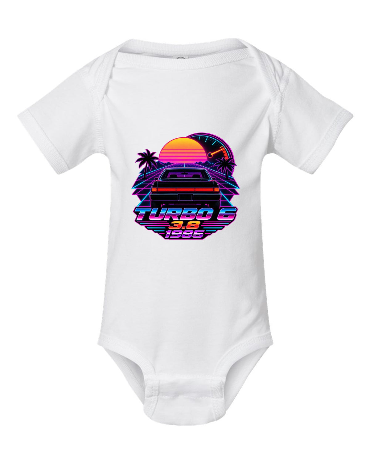 1985 Buick Regal T-Type rear taillights in a synthwave outrun sunset white baby onesie front view with the design