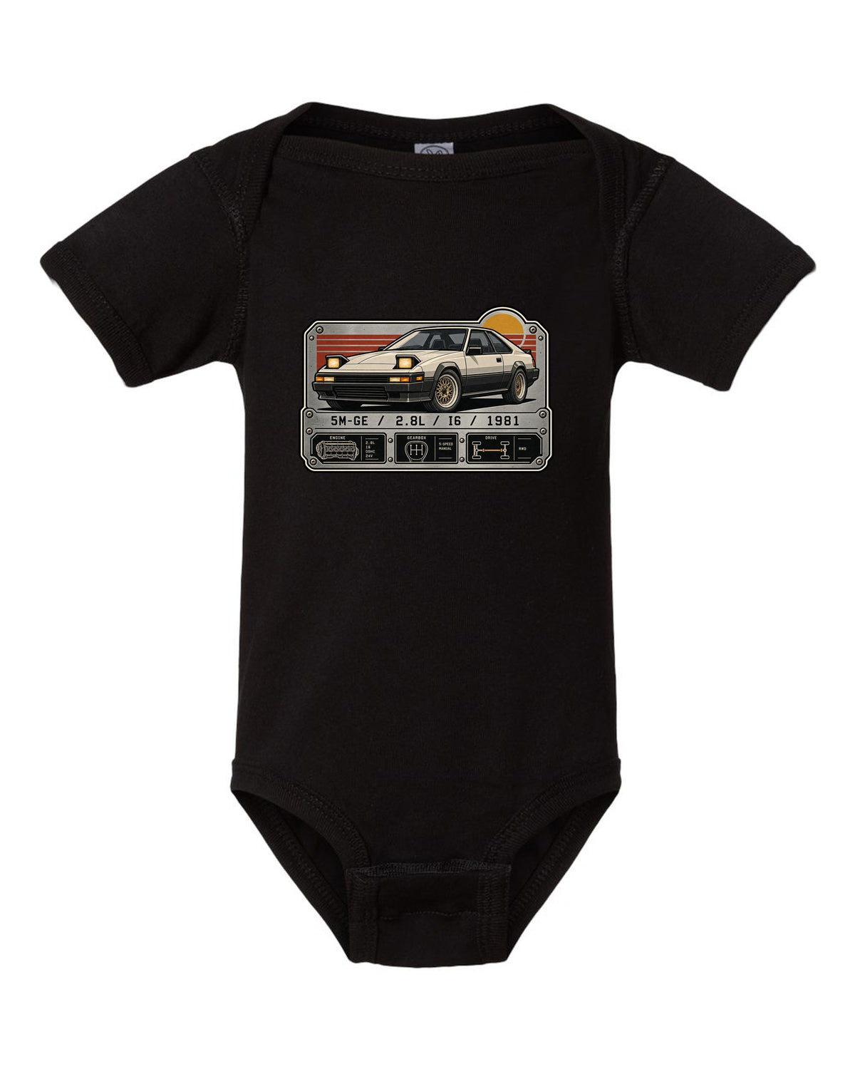 Spec-sheet data plate for the Toyota Supra A60 MA61 5M-GE 2.8L inline six black baby onesie front view with the design