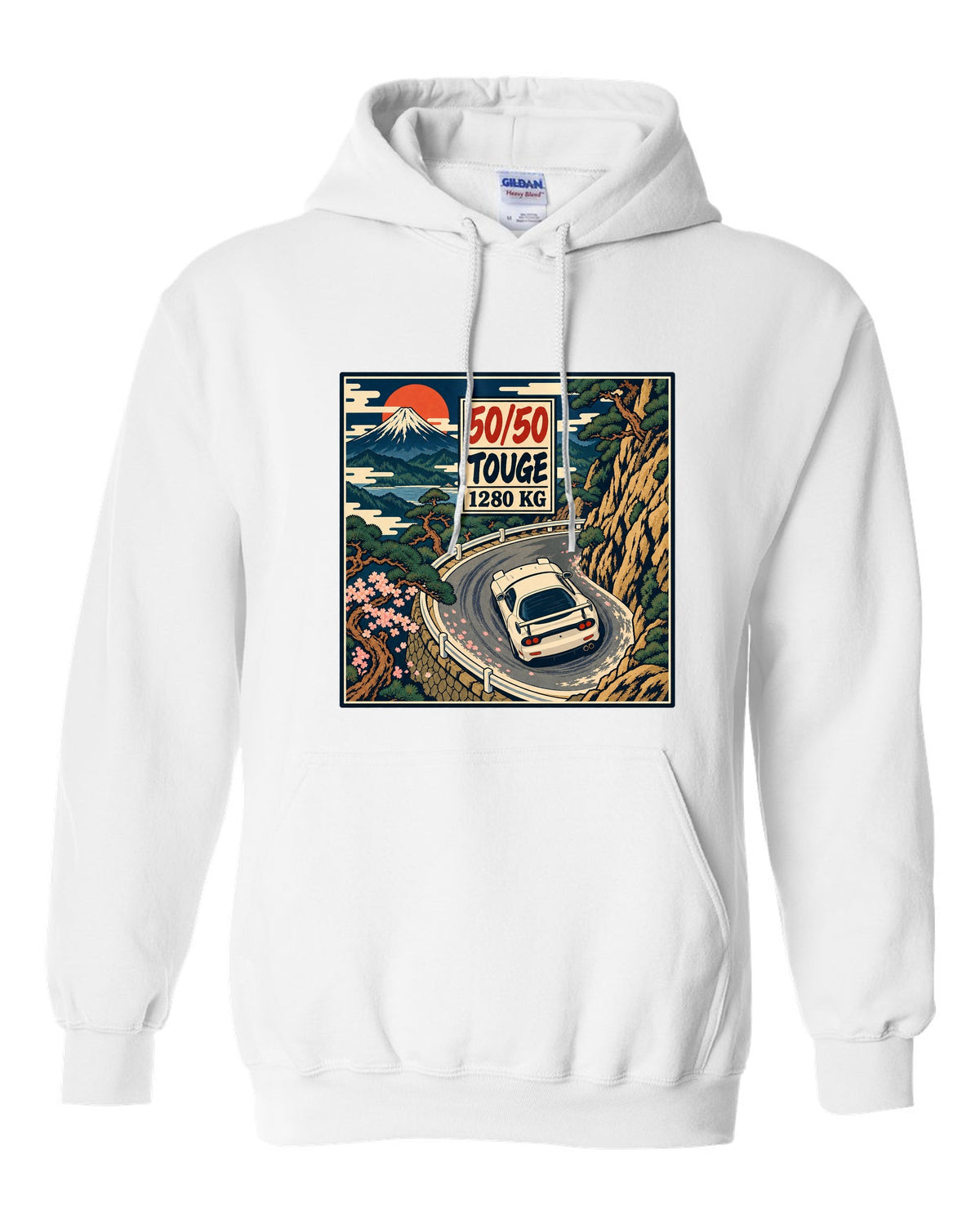 Lo-fi anime harbour dusk scene with a Mazda RX-7 FD3S and SA22C and HIROSHIMA lettering white pull over hoodie front view with the design