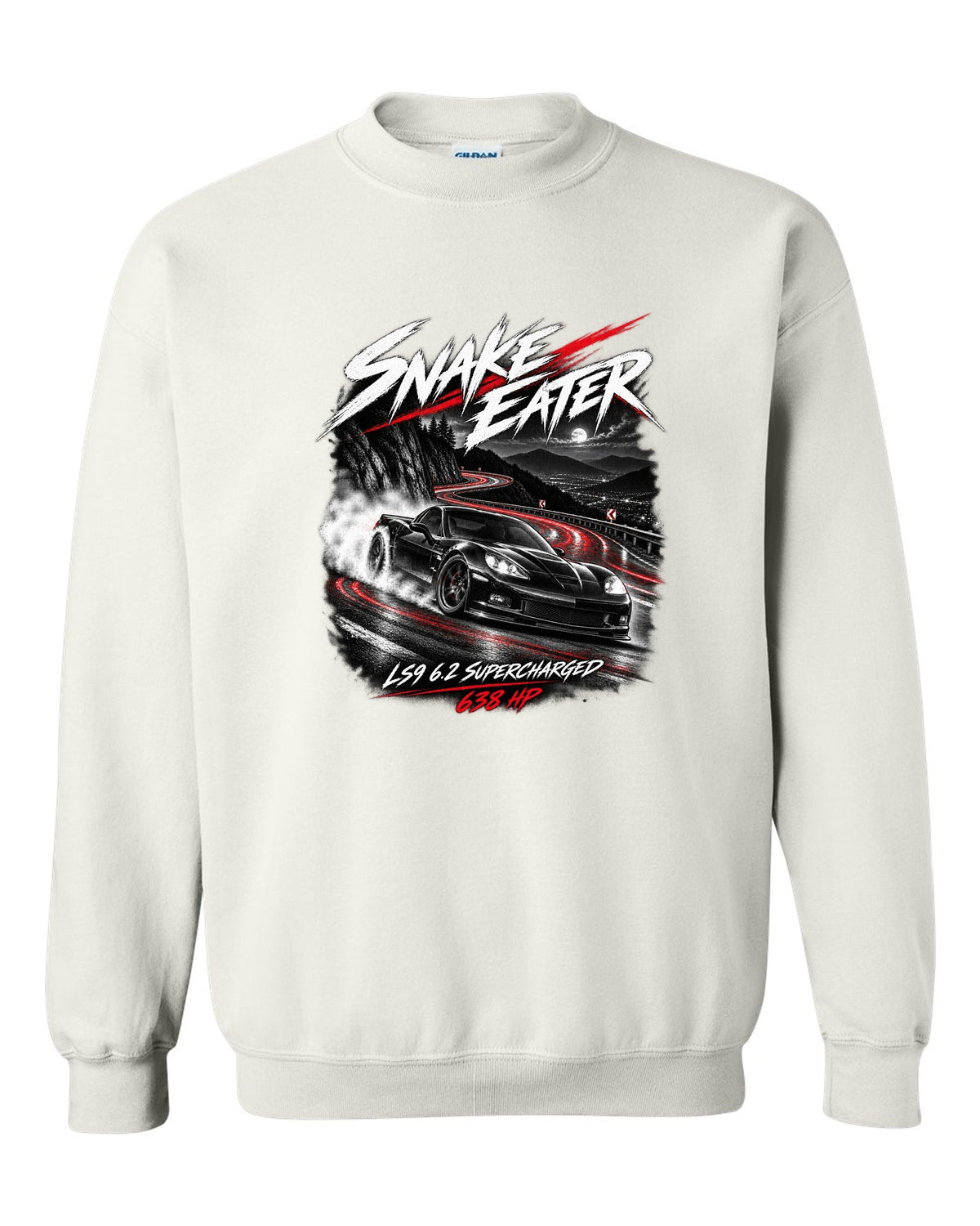 Corvette C6 ZR1 supercharged on a night mountain road white crewneck front view with the design