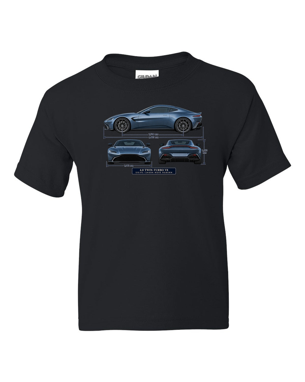 Aston Martin Vantage 2018 three-view print with 4.0 twin-turbo V8 510 PS spec table black kids tee front view with the design