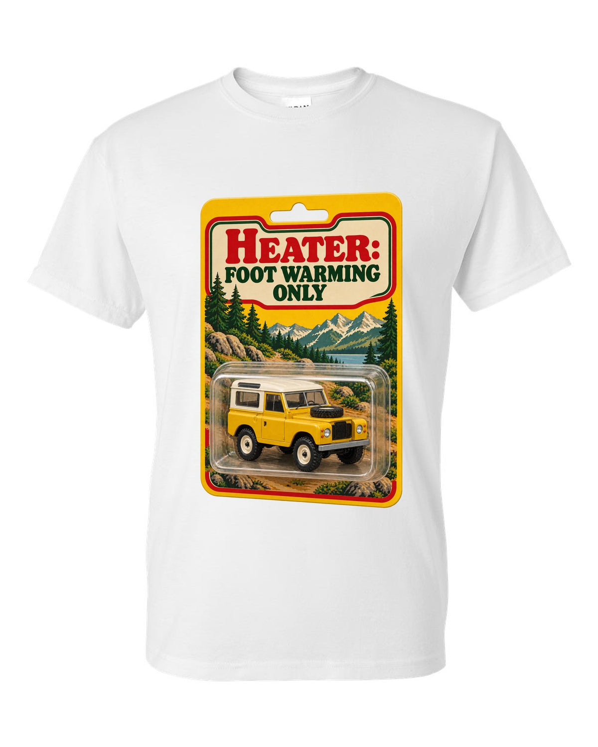 Toy blister card print with a Land Rover Defender 90 and the text Heater Foot Warming Only white t-shirt front view with the design