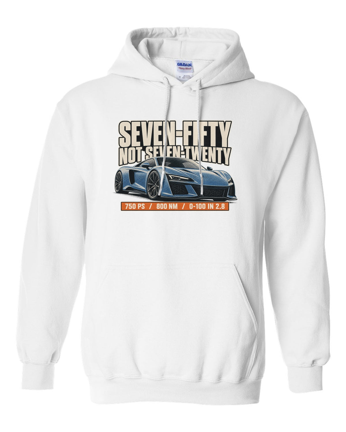Halftone print of a McLaren 750S with the text seven-fifty not seven-twenty white pull over hoodie front view with the design
