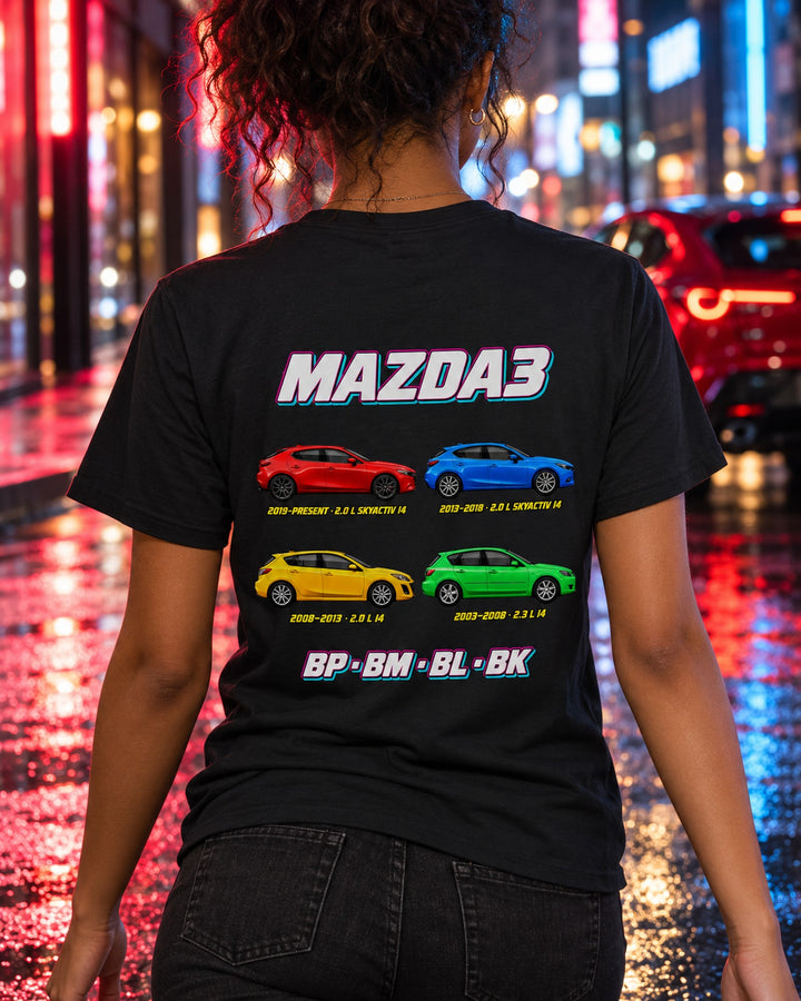 Mazda 3 Evolution Poster Full-Back Graphic Tee T-Shirt Black worn hero