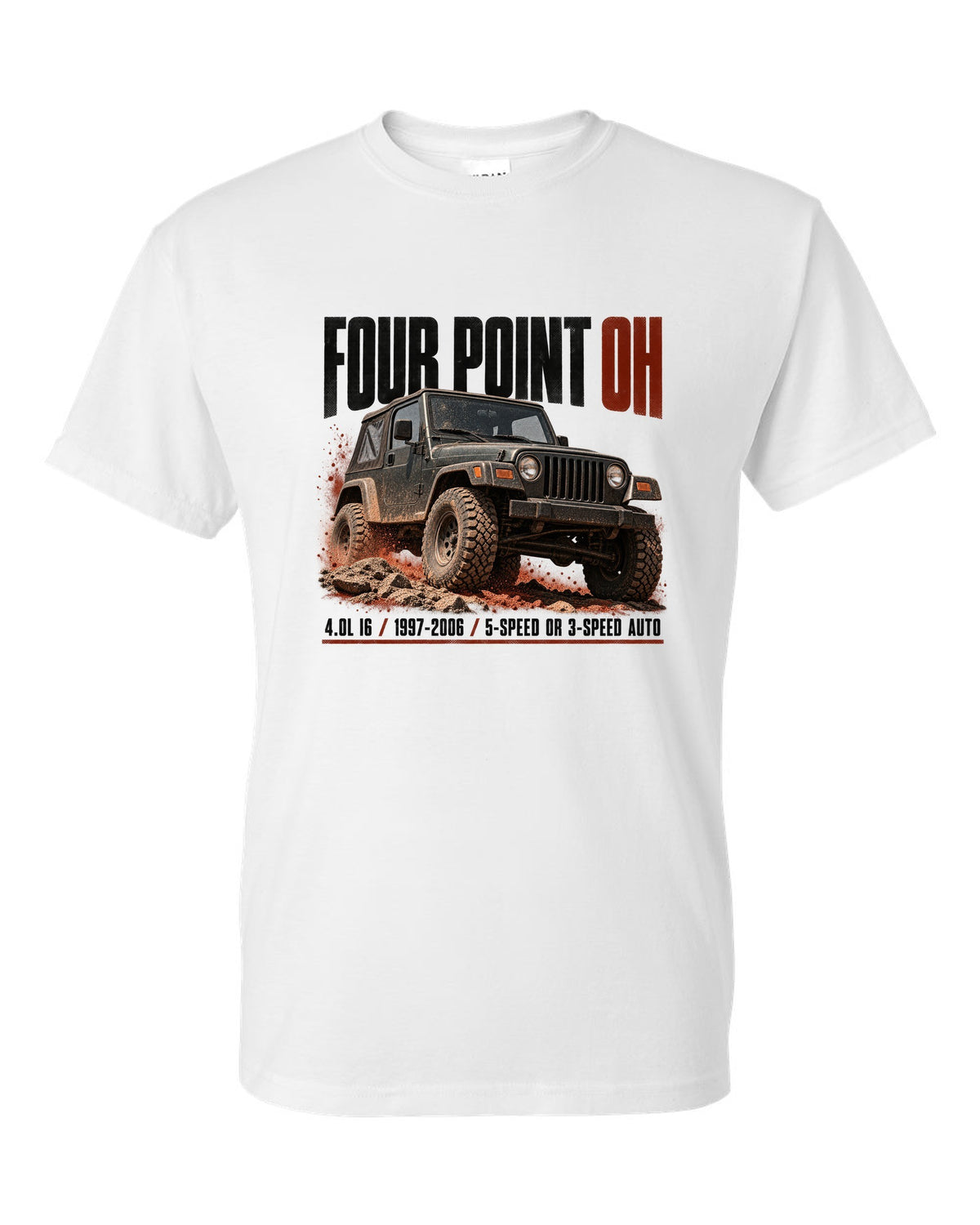 Halftone print for the Jeep Wrangler TJ 4.0L I6, 1997-2006 white t-shirt front view with the design