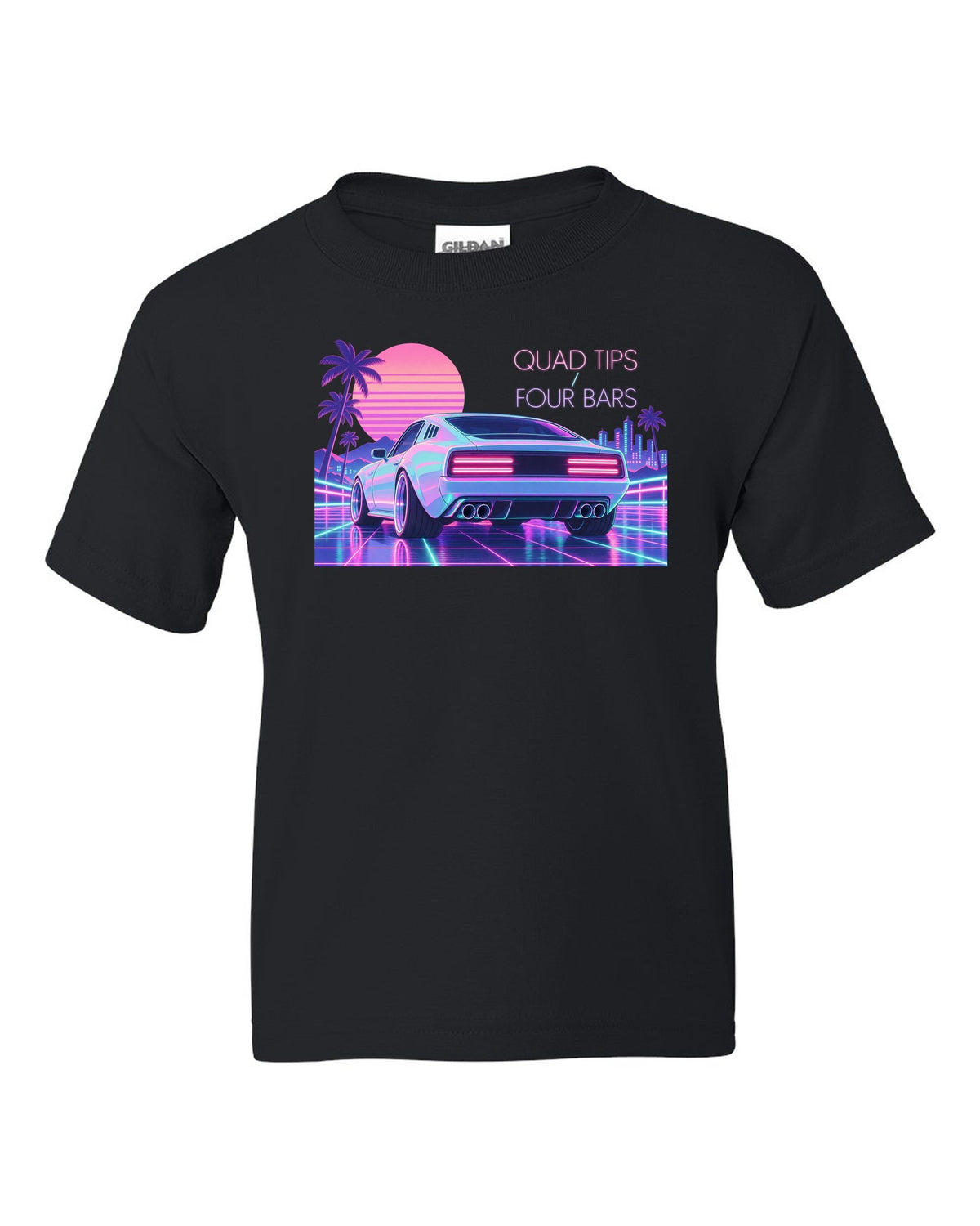 Kia Stinger GT CK vaporwave pastel rear view print with quad tips and four bars text black kids tee front view with the design