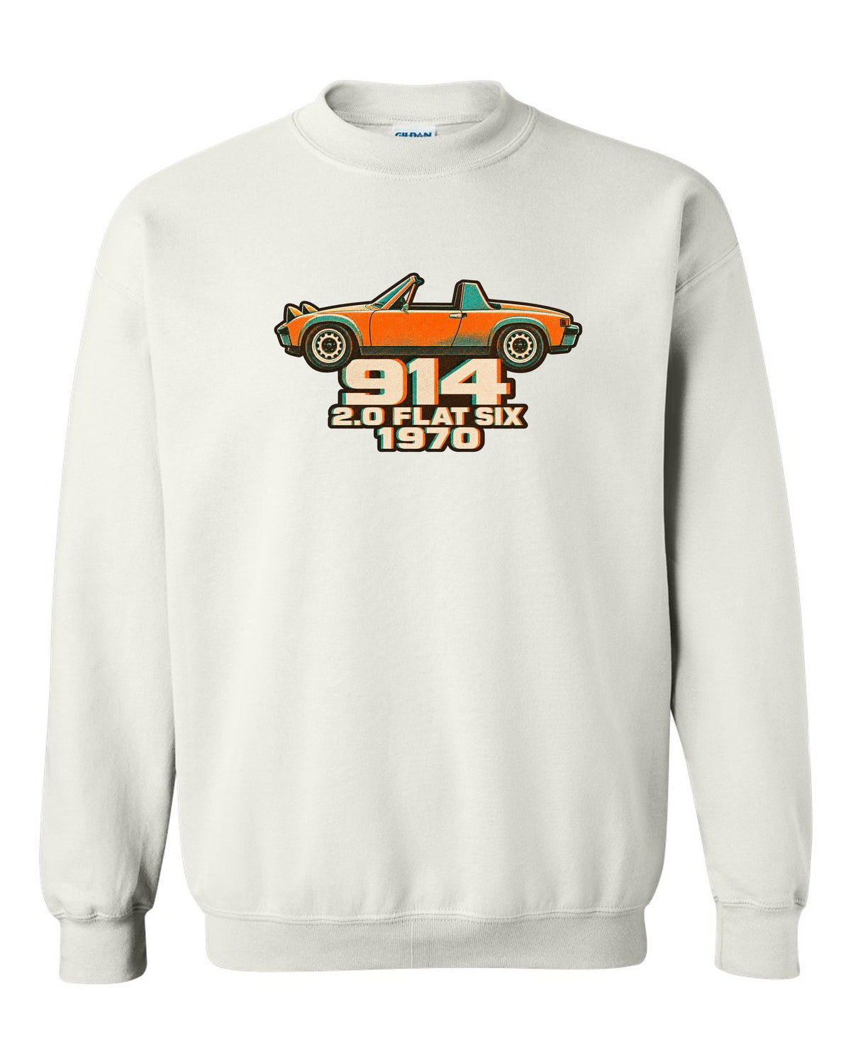 Porsche 914/6 risograph two-colour design with 2.0 flat six lettering white crewneck front view with the design