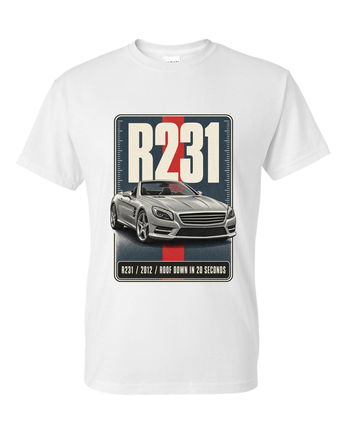 Mercedes-Benz SL R231 low front three-quarter halftone print in warm grey white t-shirt front view with the design