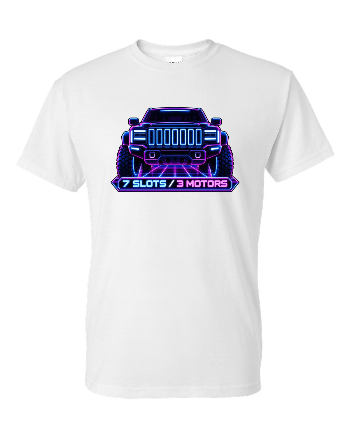 GMC Hummer EV neon vector grille panel print with seven slots and three motors white t-shirt front view with the design