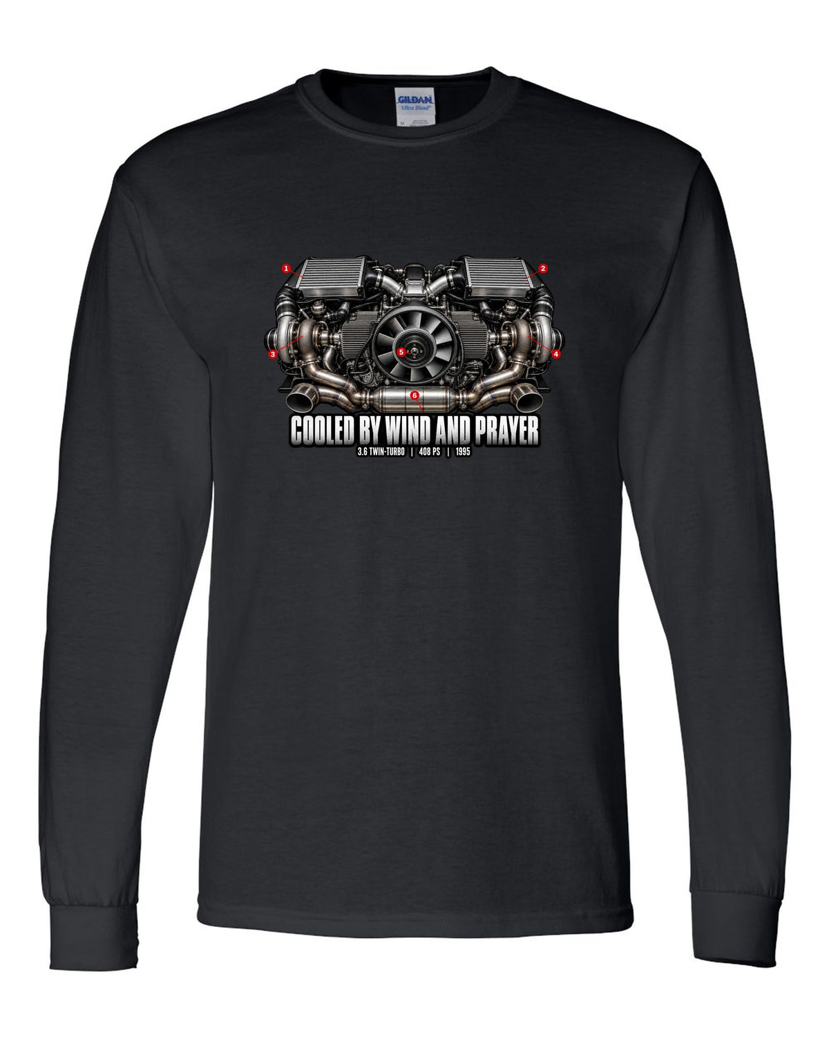 Engine hero print of the Porsche 911 Turbo (993) air-cooled twin-turbo flat-six with the line Cooled By Wind And Prayer black long sleeve front view with the design