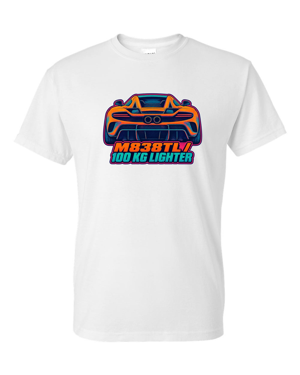 Risograph spot colour print of the McLaren 675LT flying buttress with M838TL and 100 kg Lighter lettering white t-shirt front view with the design