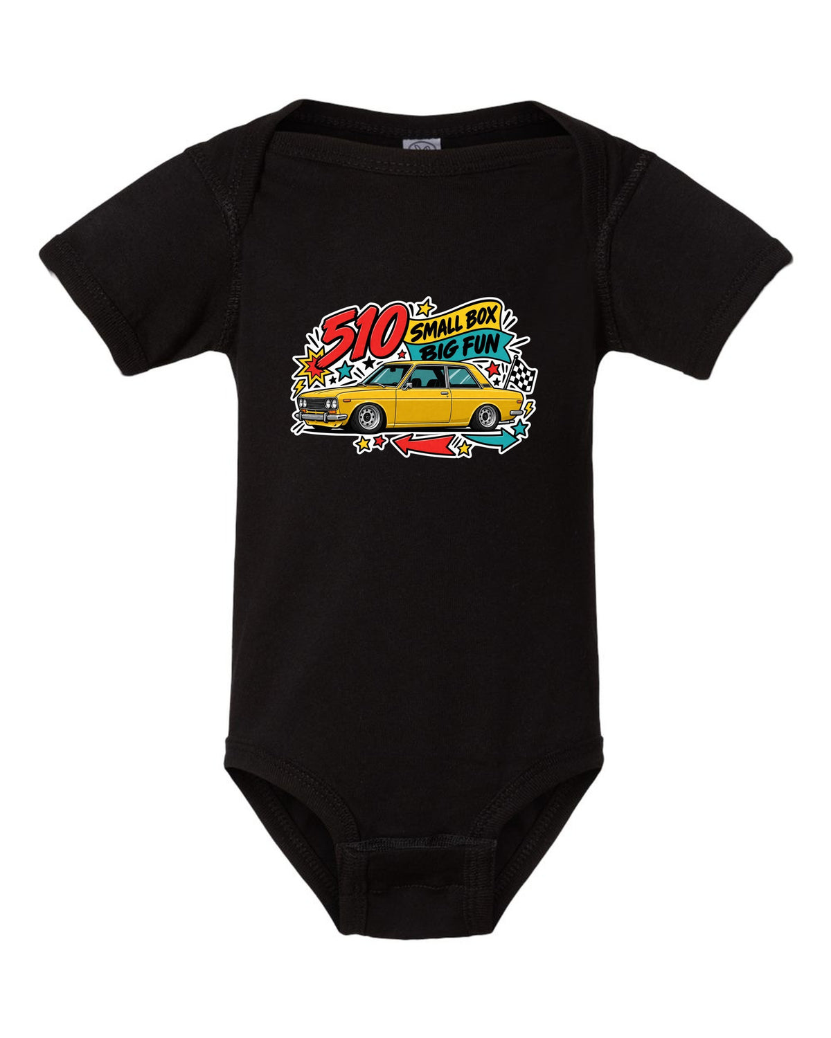 Sticker-bomb print for the Datsun 510 reading 510 Small Box Big Fun black baby onesie front view with the design