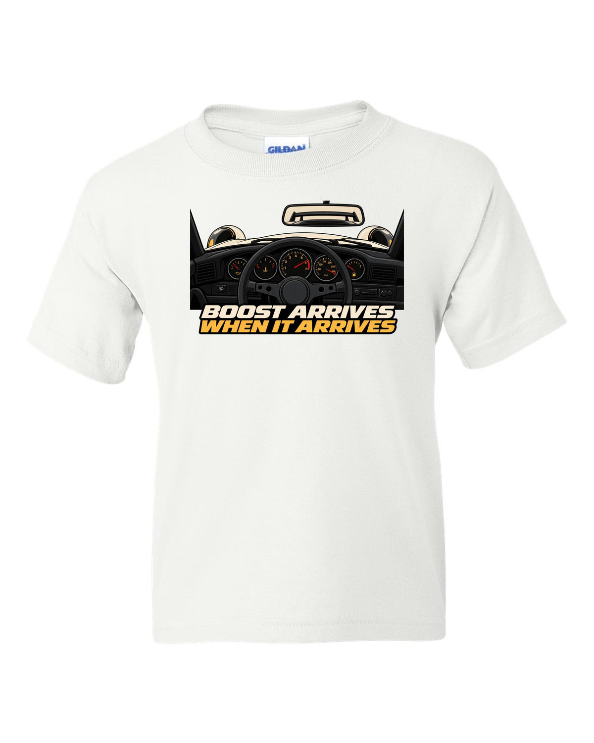Gauge cockpit vector print of a 1993 Porsche 911 Turbo 964 with Boost Arrives When It Arrives lettering white kids tee front view with the design
