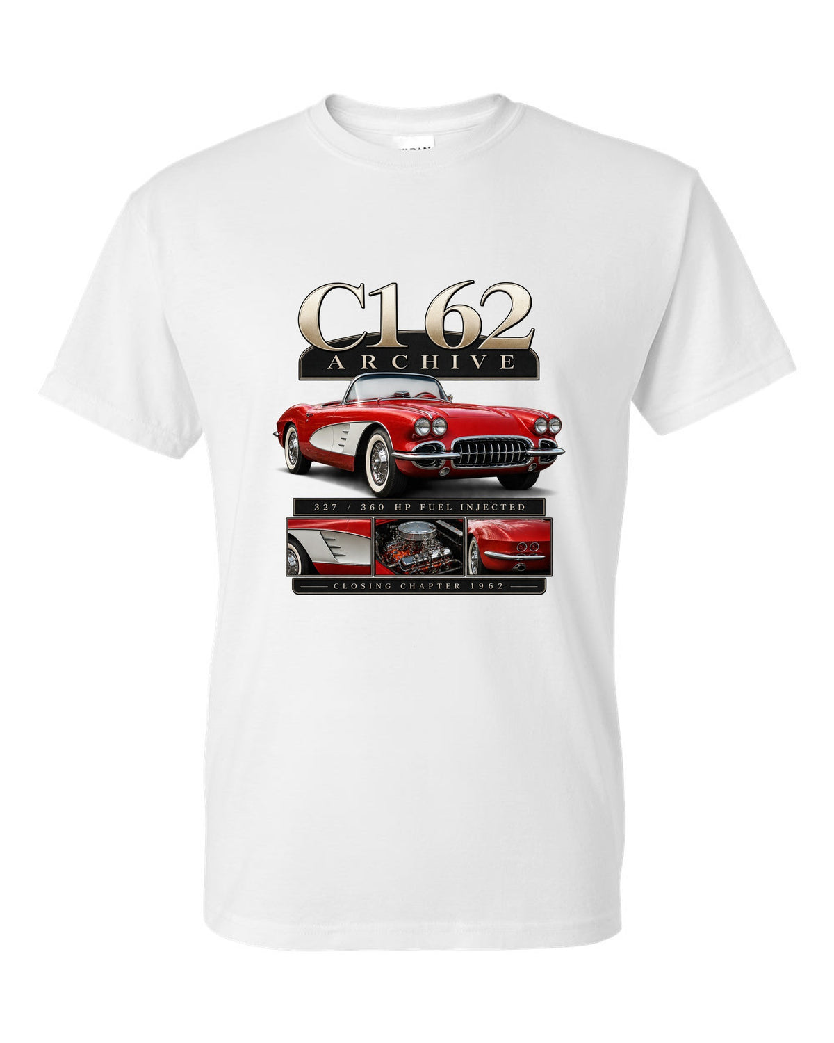 Corvette C1 1962 solid-axle roadster archive panel white t-shirt front view with the design