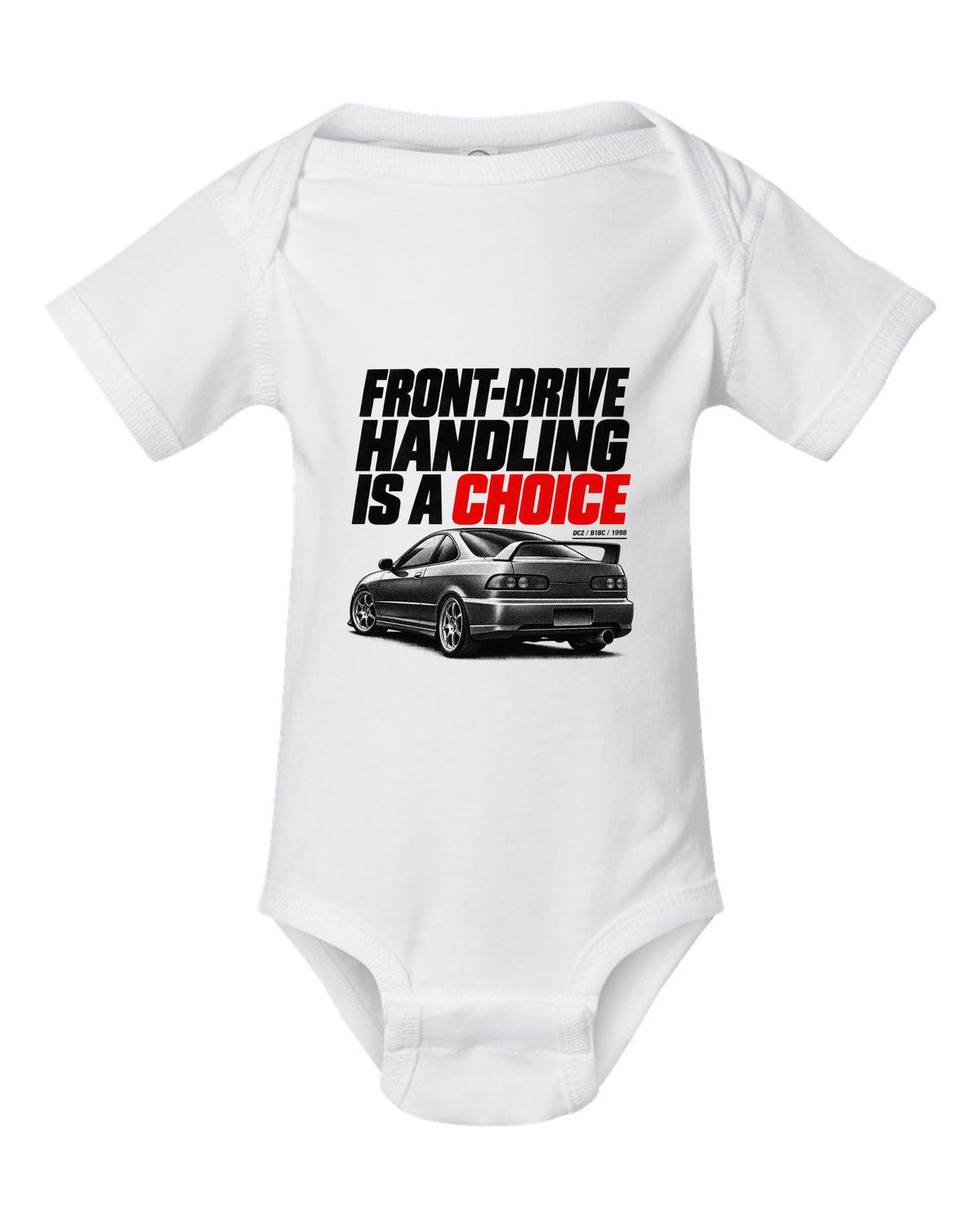 Honda Integra DC2 coupe halftone design with front-drive handling is a choice text white baby onesie front view with the design