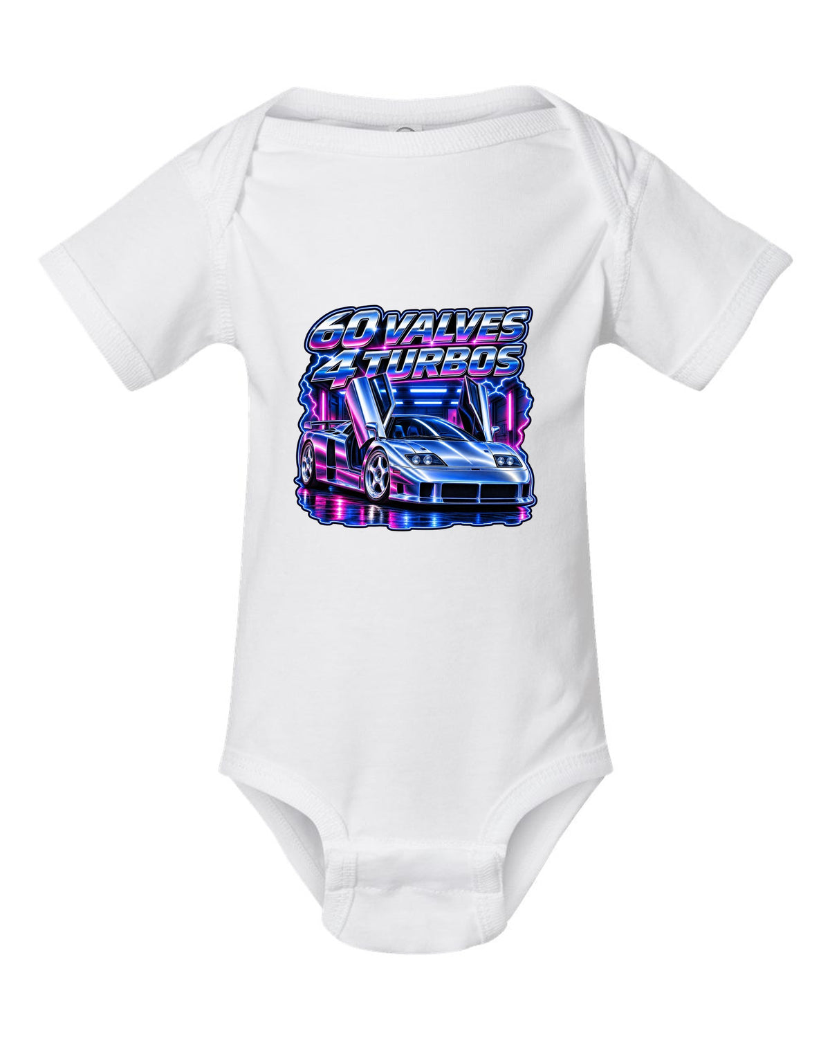 90s airbrush chrome print of a Bugatti EB110 SS with 60 valves and 4 turbos lettering white baby onesie front view with the design