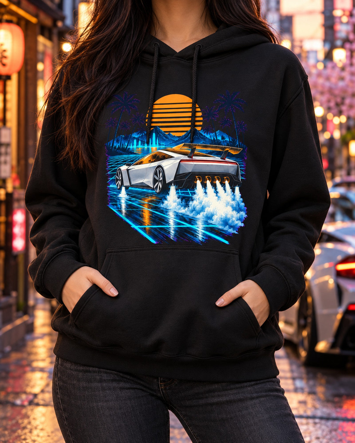 Tesla Roadster Synthwave Shirt, Hoodie & More Pull Over Hoodie Black worn hero