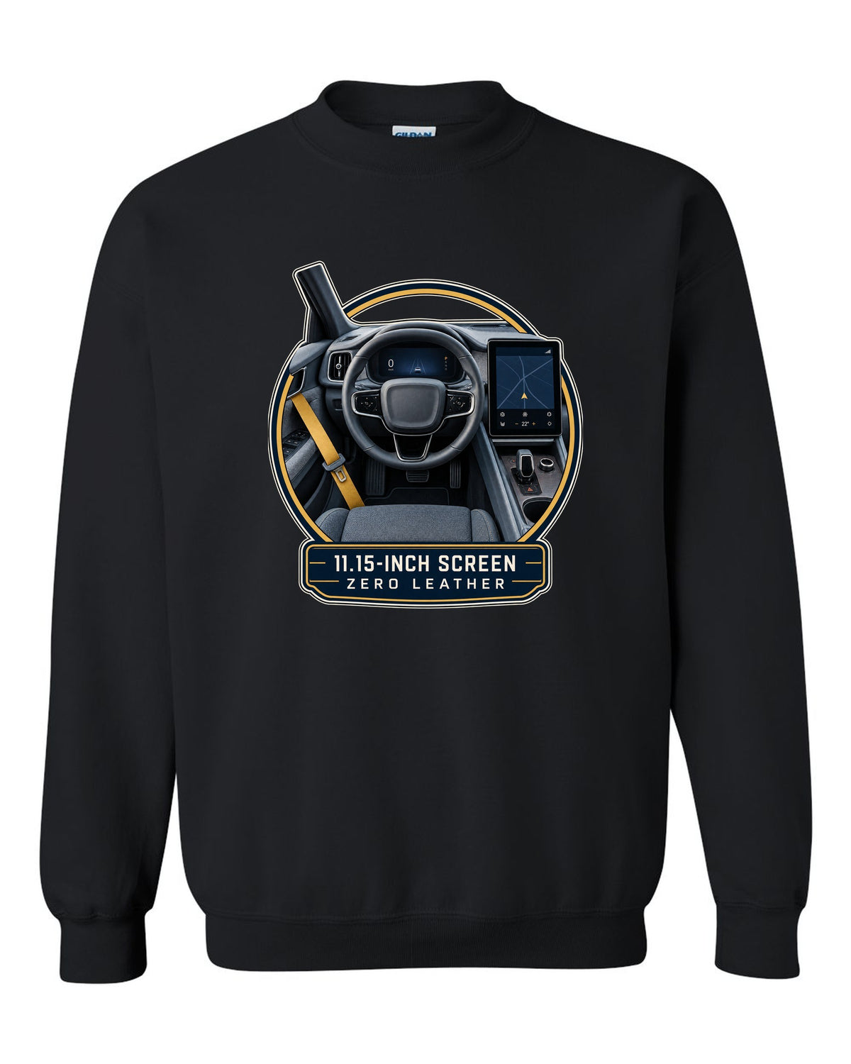 Polestar 2 cockpit with large centre screen, print design black crewneck front view with the design
