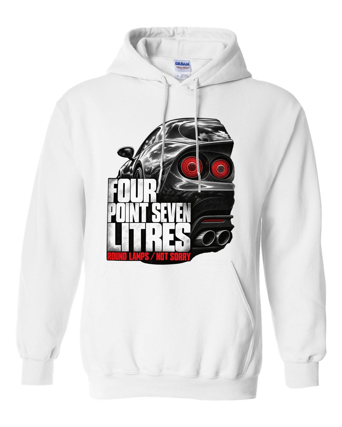 Tail lamp macro print of an Alfa Romeo 8C Competizione with four point seven litres text white pull over hoodie front view with the design