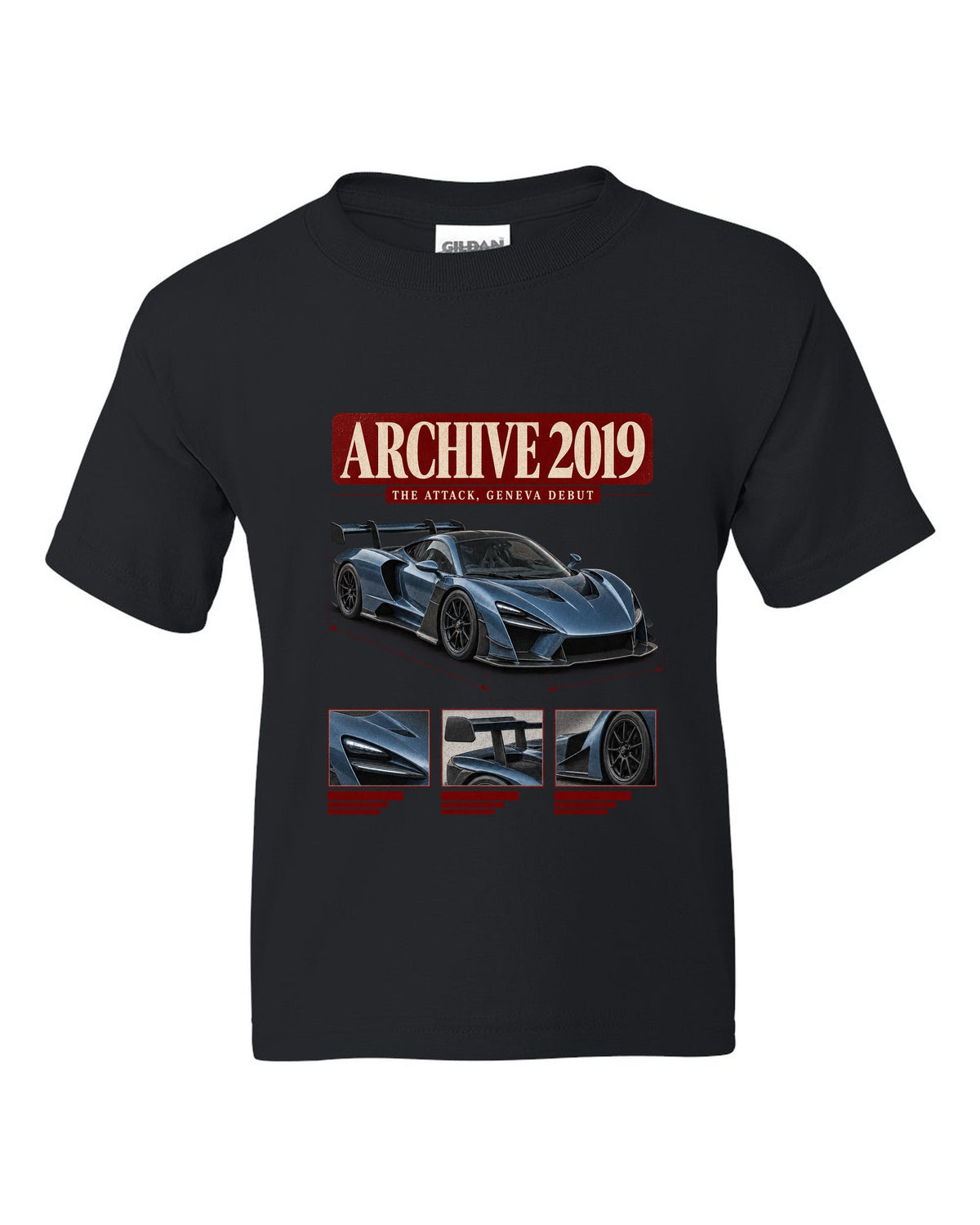 Archive panel design of the Koenigsegg Jesko Attack front three-quarter, print black kids tee front view with the design