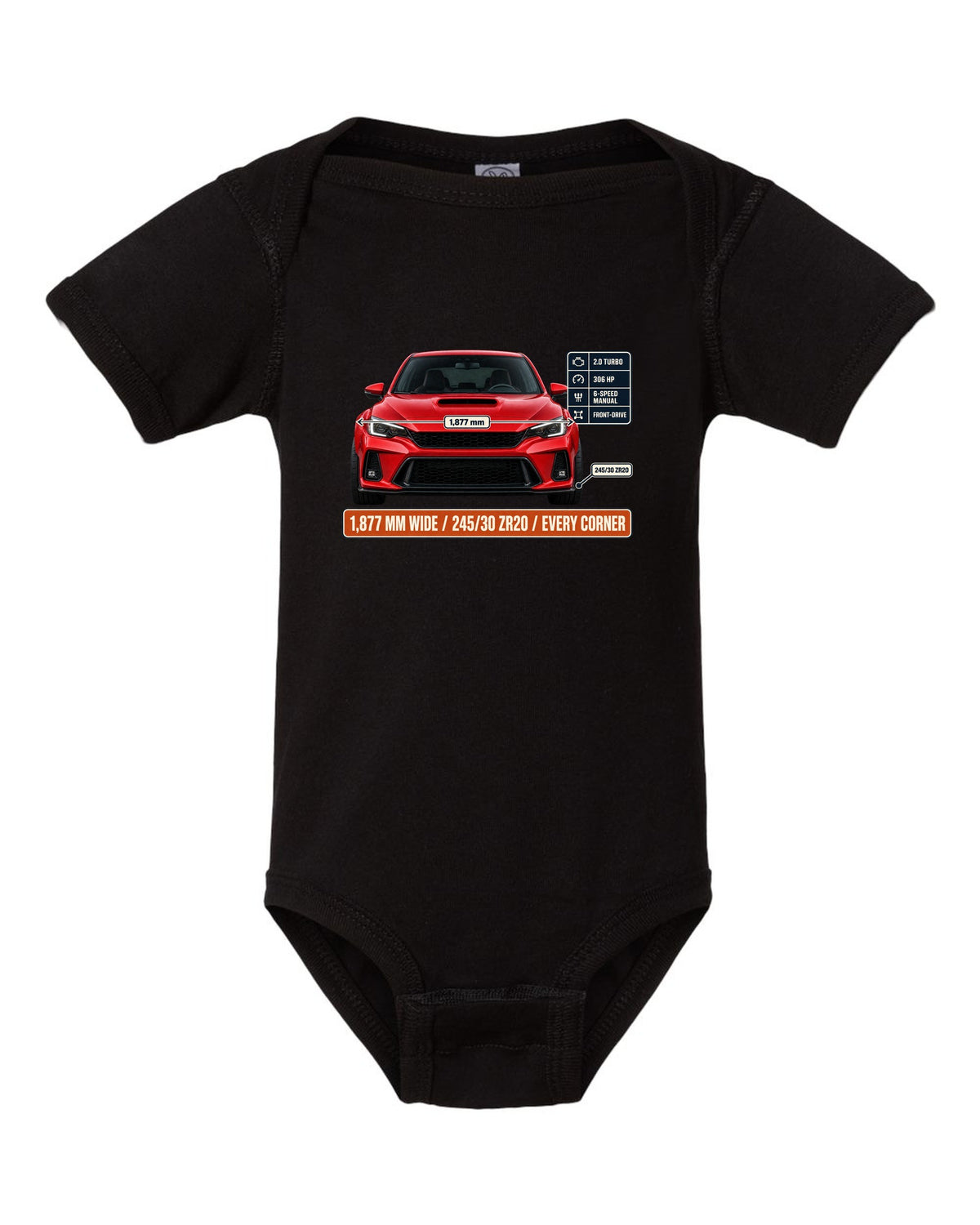 Front elevation of a Rallye Red Honda Civic Type R FK8 on a spec poster print black baby onesie front view with the design