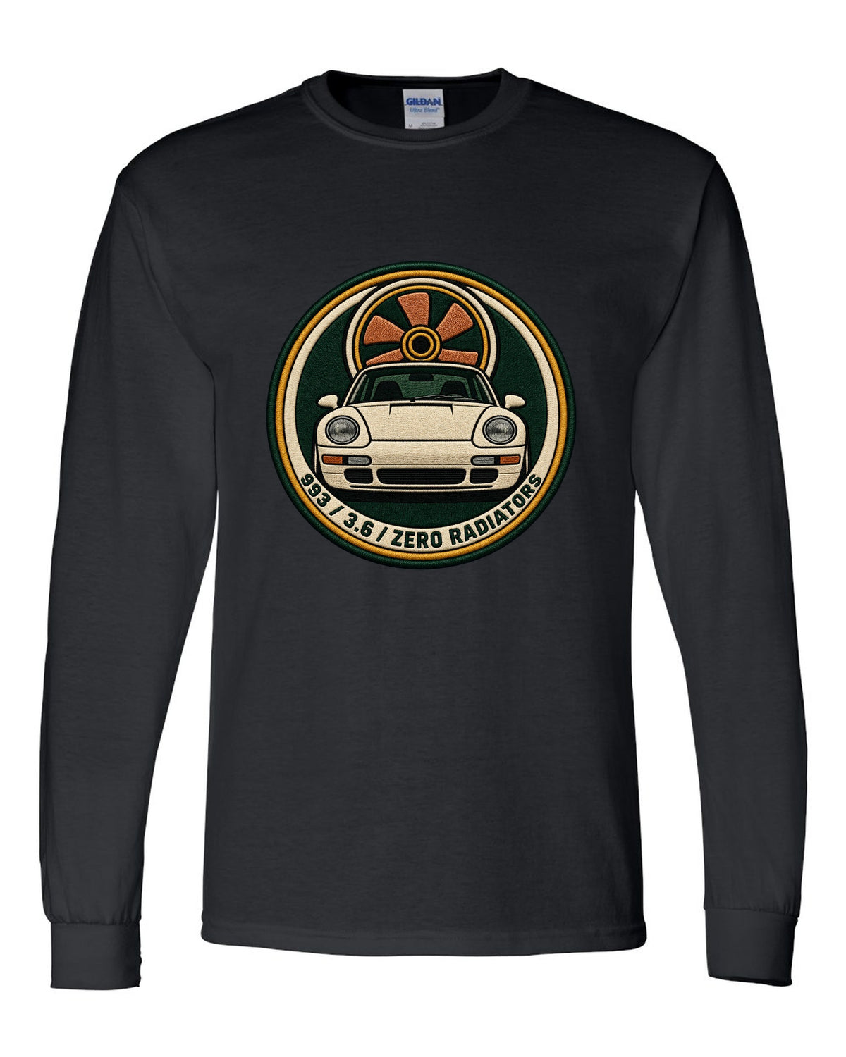 Round crest print of a Porsche 911 993 with the text 993, 3.6 and zero radiators black long sleeve front view with the design