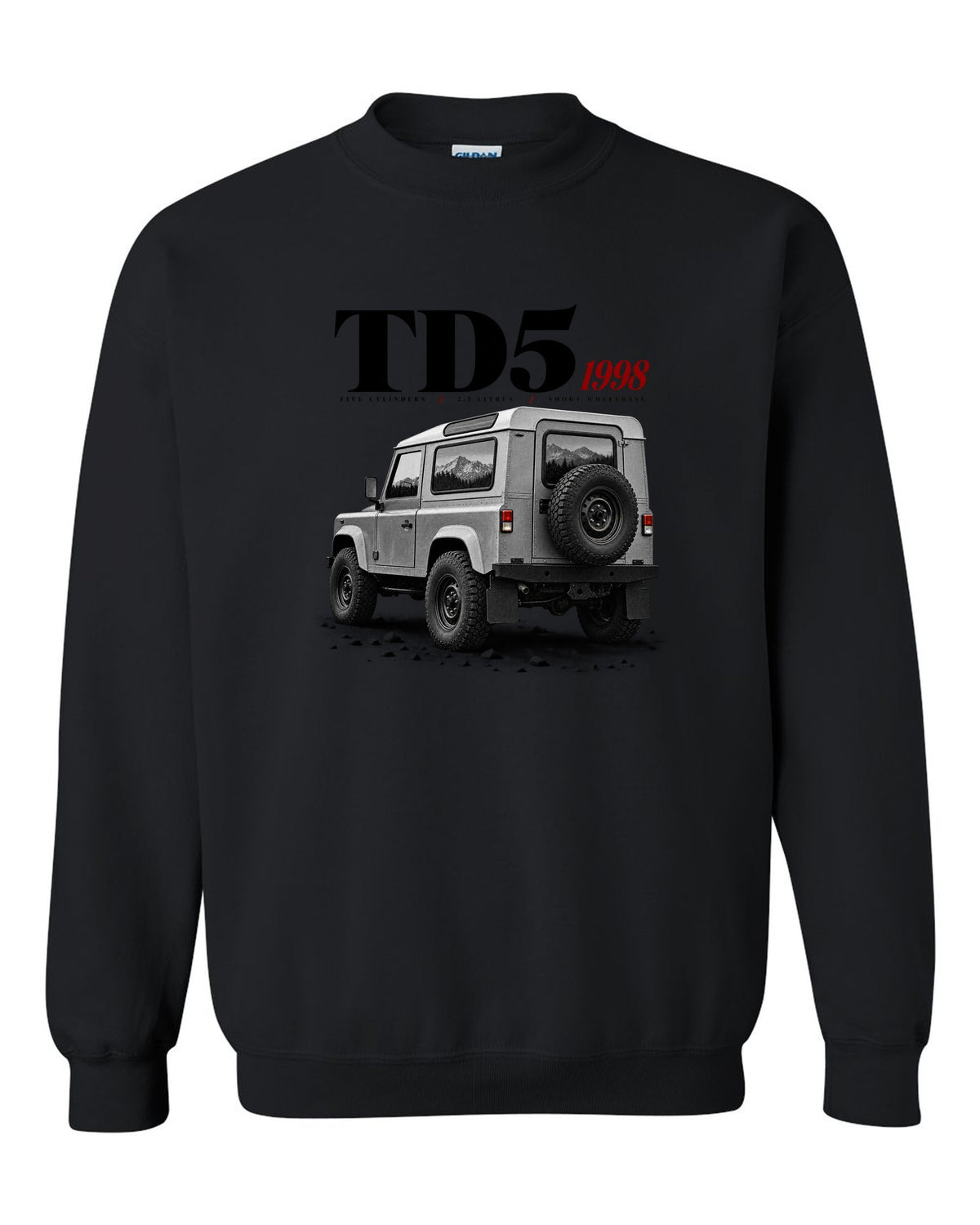 Land Rover Defender 90 editorial headline print about the 1998 Td5 engine black crewneck front view with the design