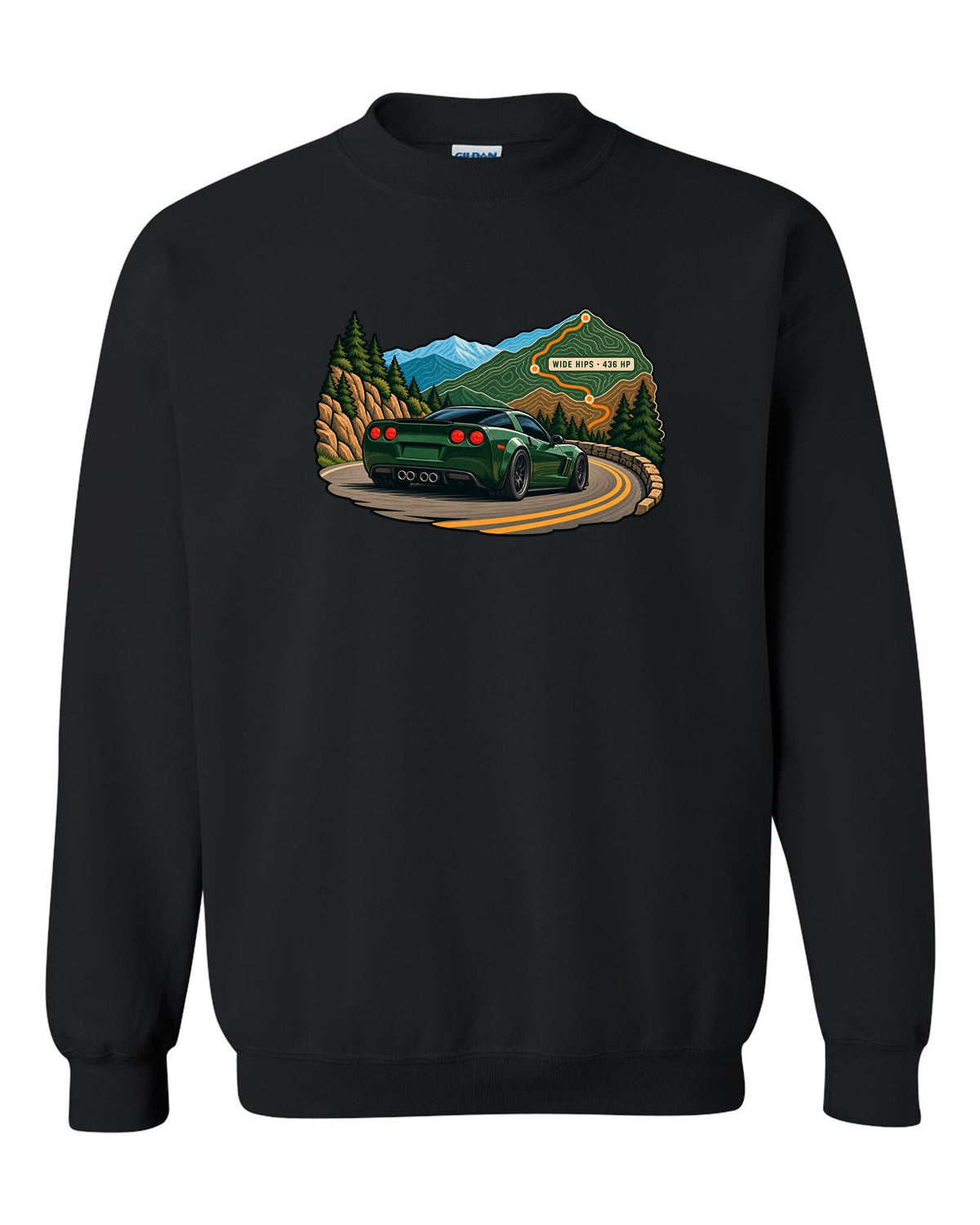 Topographic contour map print of a 2010 Chevrolet Corvette C6 Grand Sport with Wide Hips 436 HP text black crewneck front view with the design