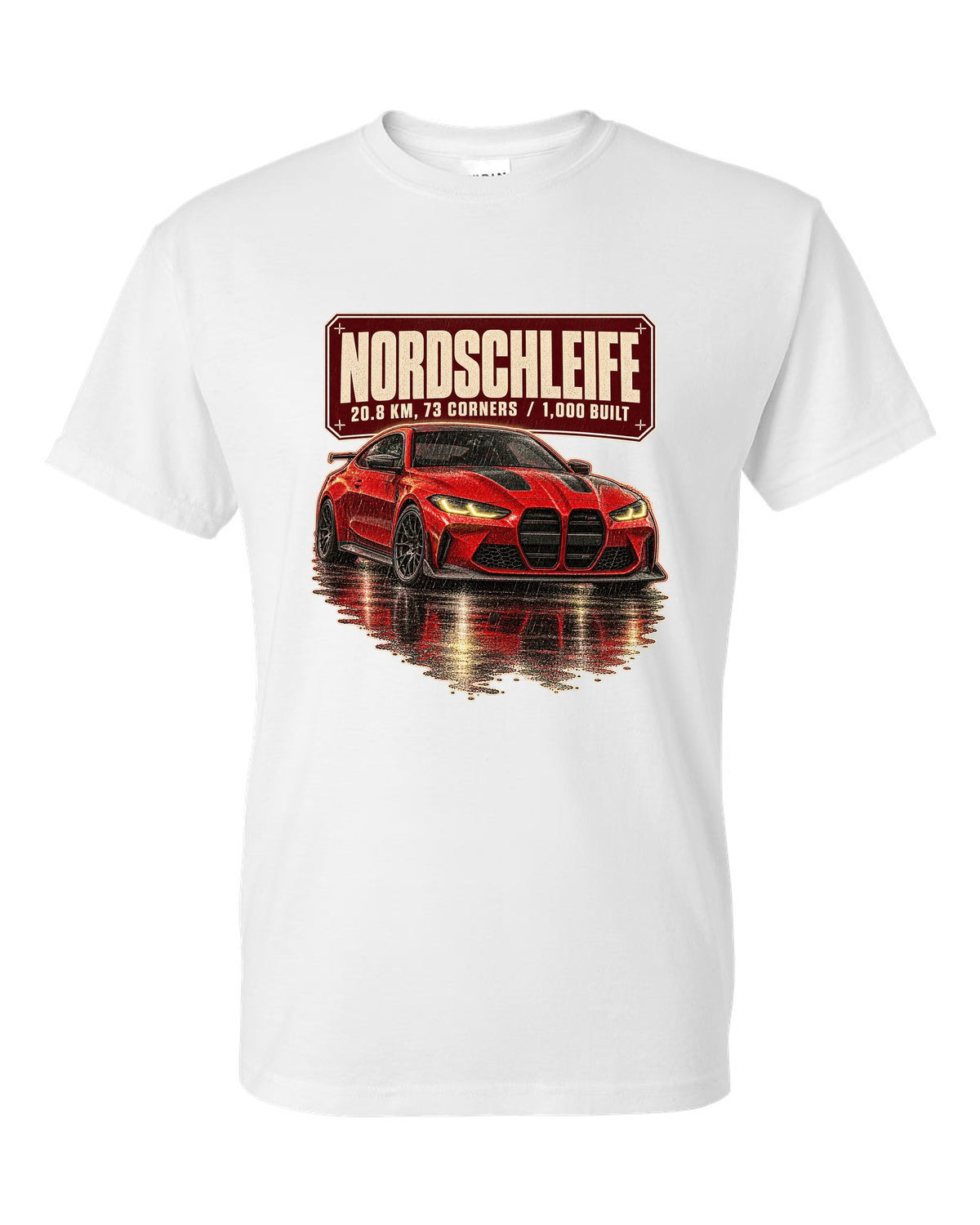 BMW M4 CSL G82 Nordschleife night scene print white t-shirt front view with the design