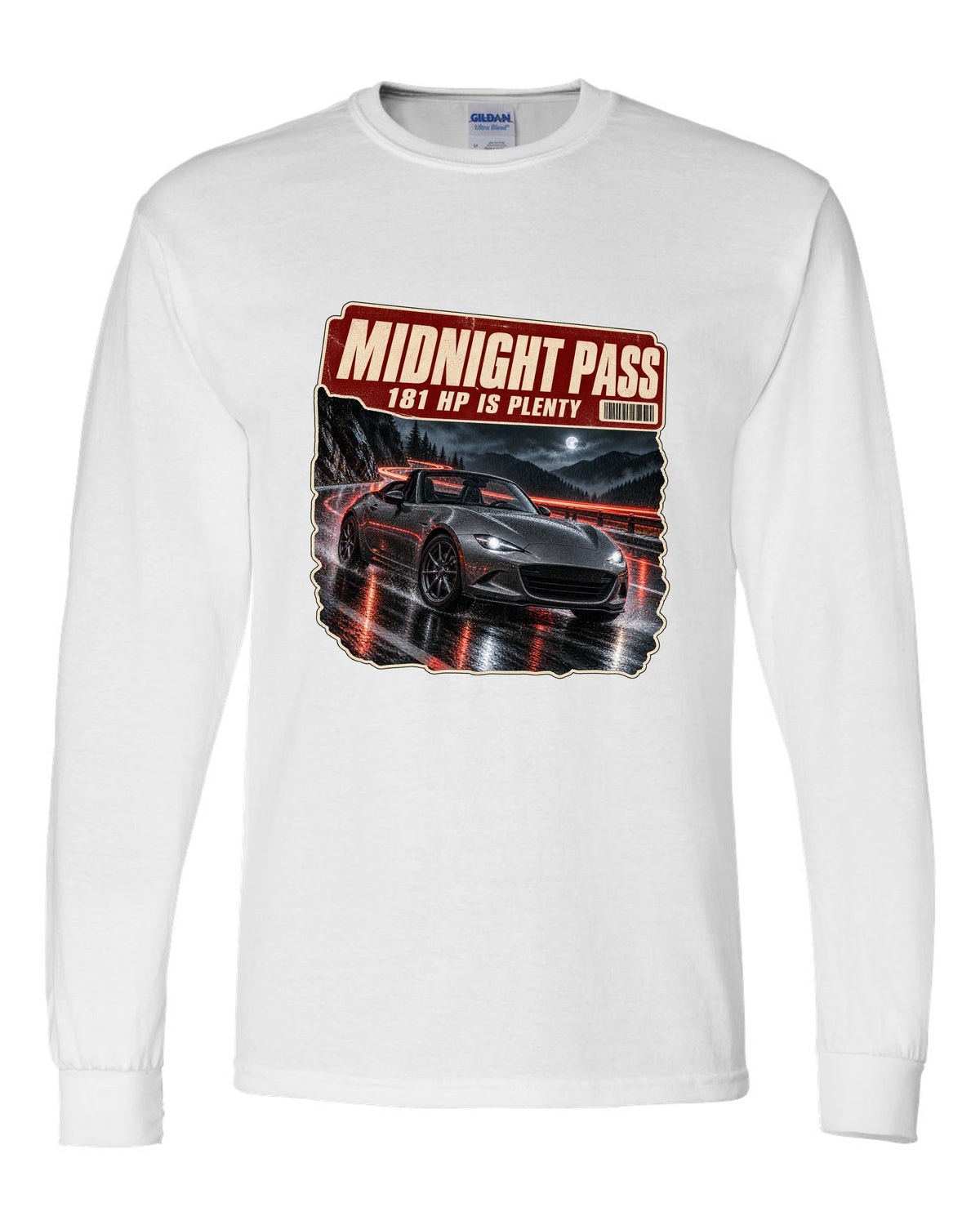 Night mountain pass scene with a 2020 Mazda MX-5 ND RF in Polymetal Grey, poster-style print white long sleeve front view with the design