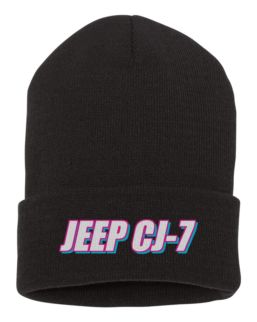 Jeep Cj-7 black beanie front view with car name