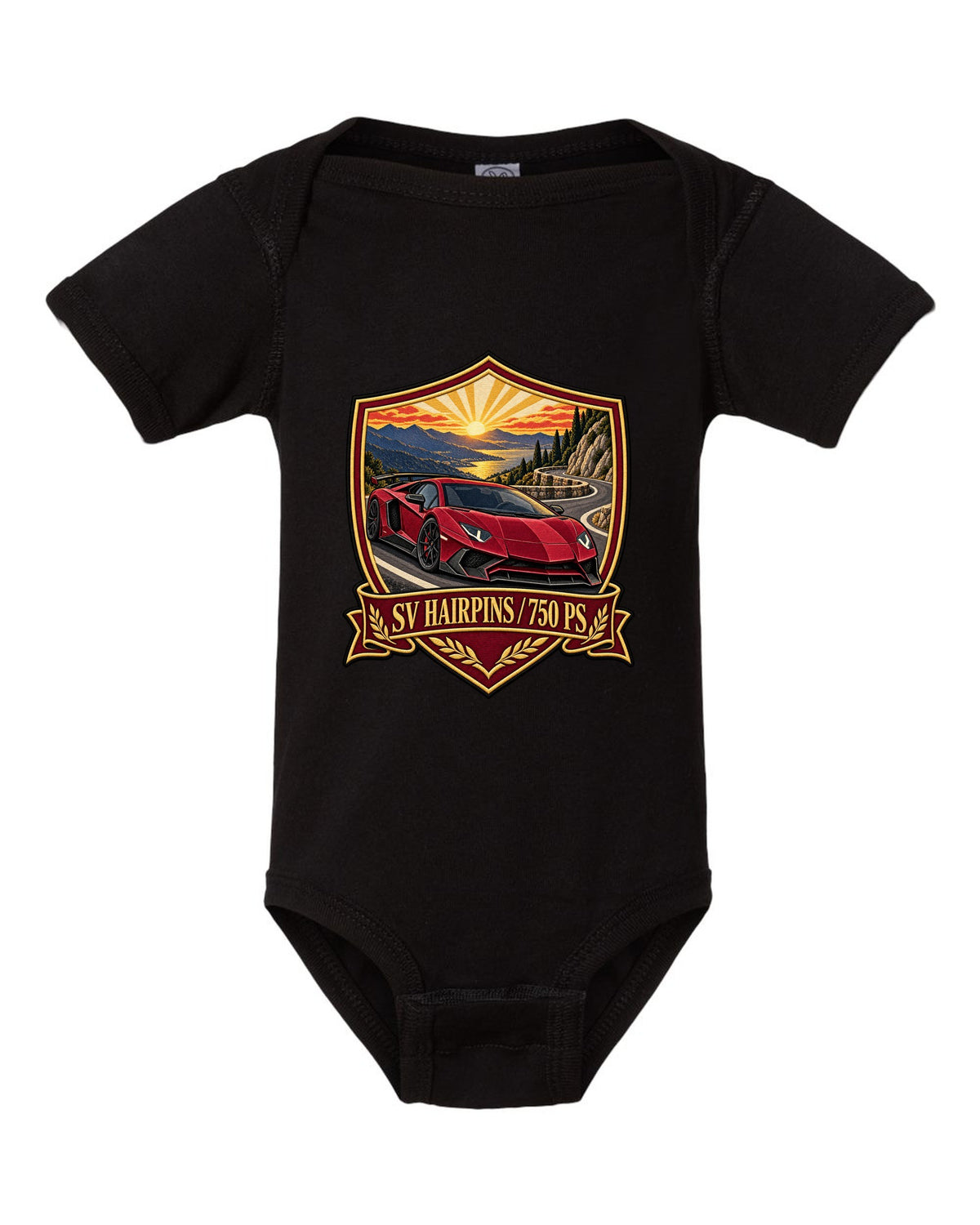 Embroidery-style shield crest of a Lamborghini Aventador LP750-4 SV on a golden hour hairpin black baby onesie front view with the design