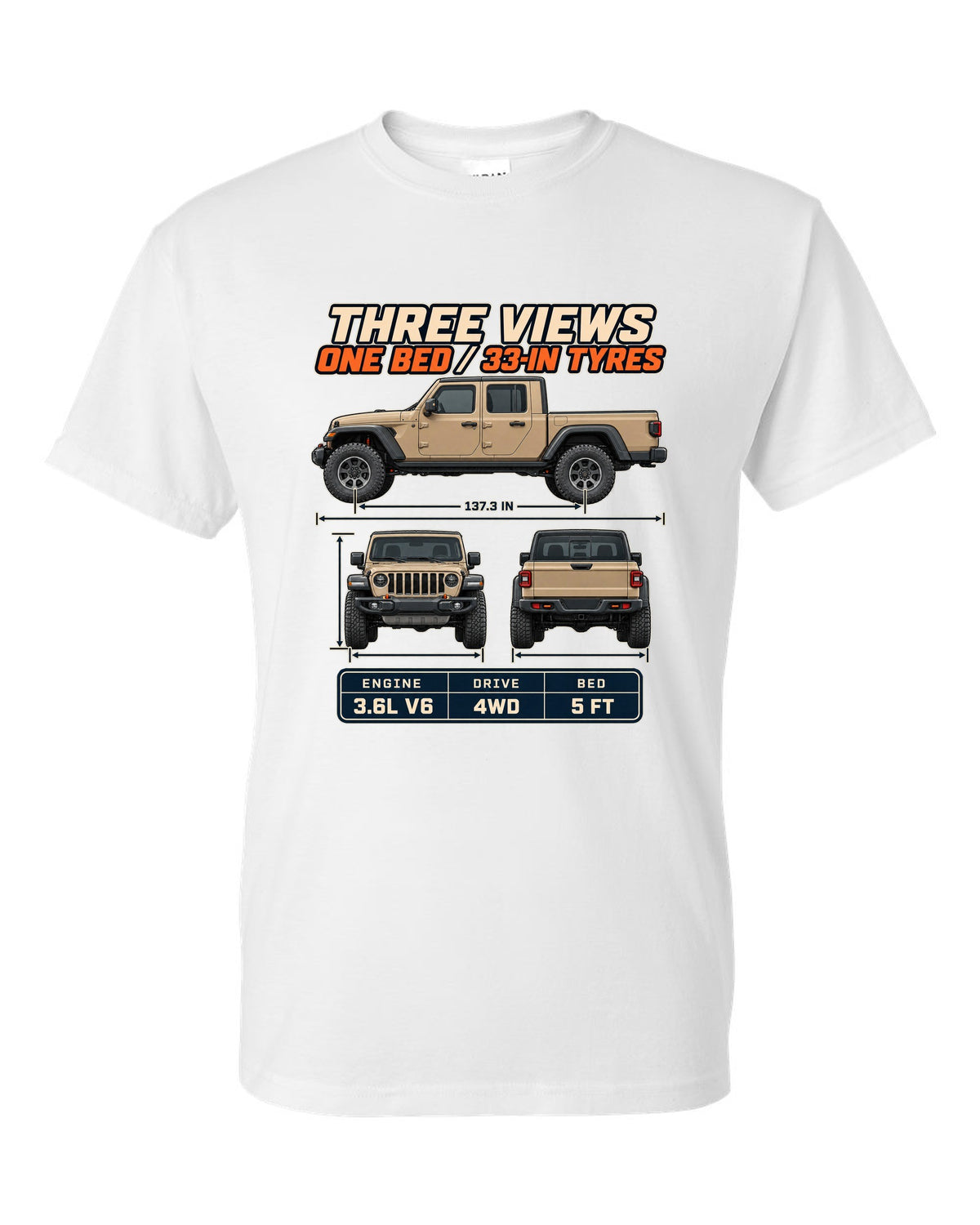 Three-view drawing with spec table print of the Jeep Gladiator Mojave white t-shirt front view with the design