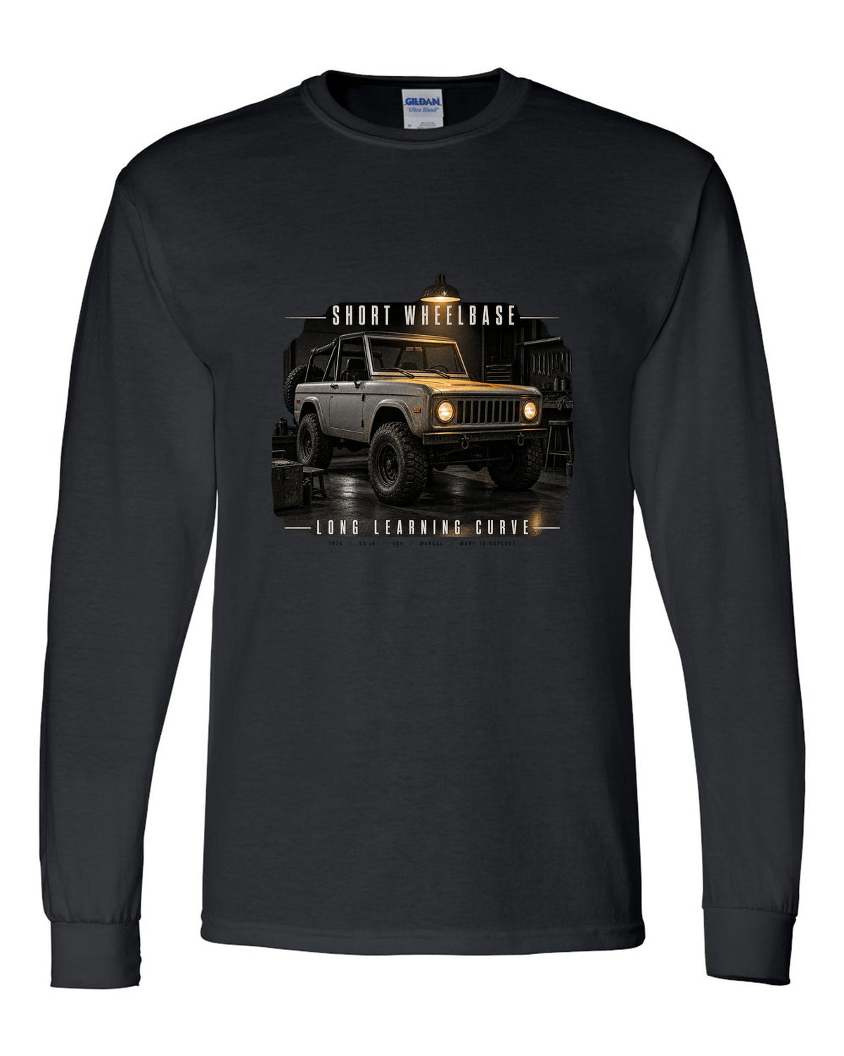 Garage night print for the Jeep CJ-5, Short Wheelbase Long Learning Curve black long sleeve front view with the design