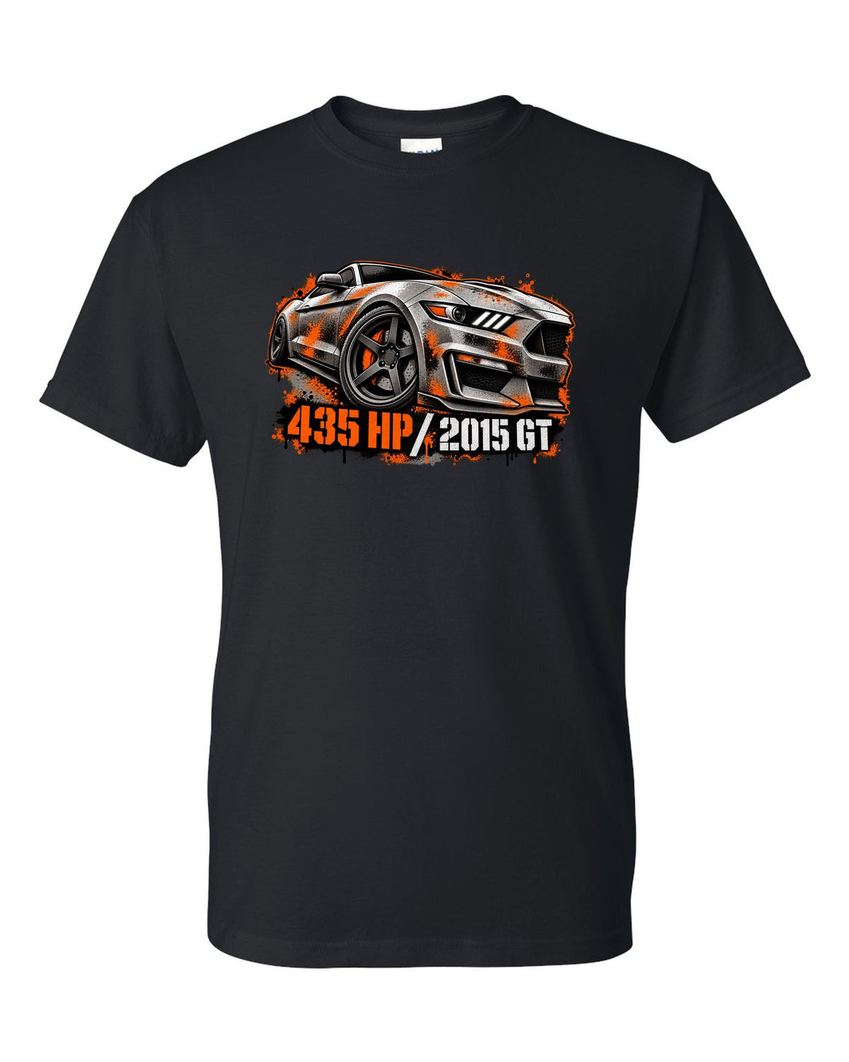 Stencil spray street art 2015 S550 Ford Mustang GT fastback with 435 HP text black t-shirt front view with the design