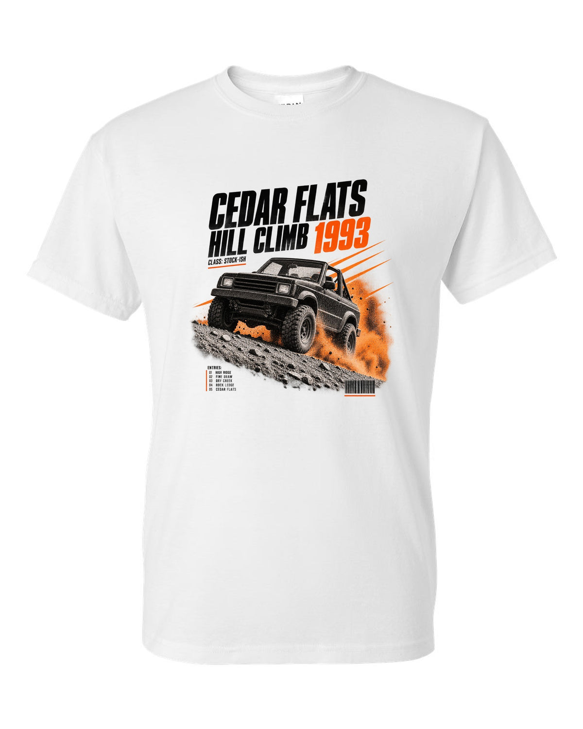 Race poster print for the Jeep Wrangler YJ, Cedar Flats Hill Climb 1993 white t-shirt front view with the design
