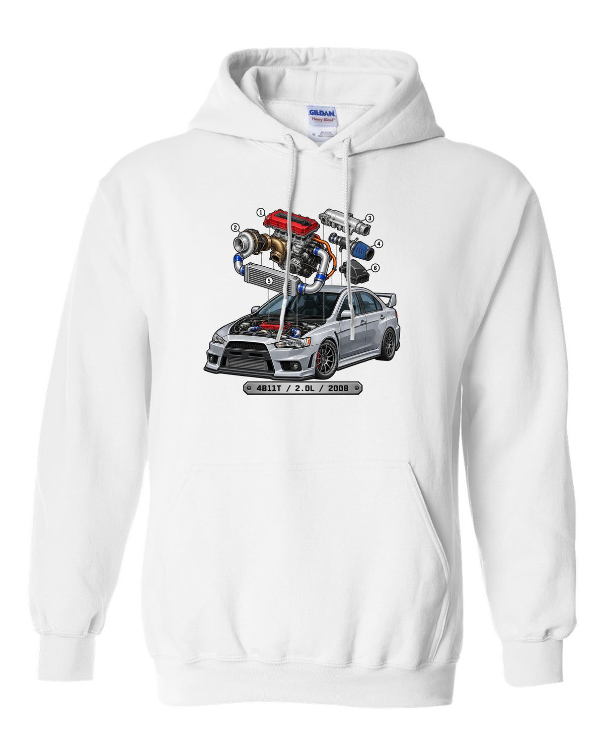 Exploded engine cutaway print for the Mitsubishi Evo X CZ4A with 4B11T 2.0L 2008 text white pull over hoodie front view with the design