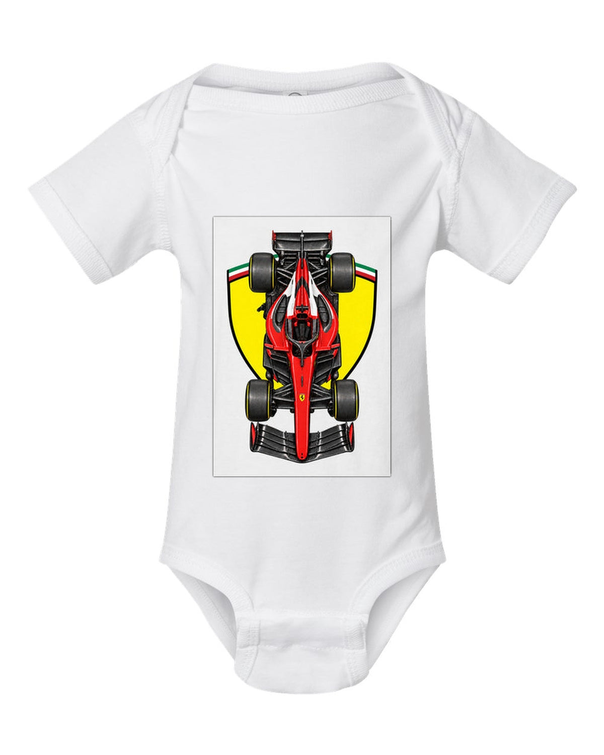 Ferrari SF-26 Formula 1 overhead poster artwork white baby onesie front view with the design