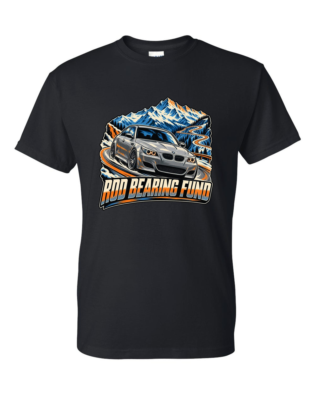 Retro Japanese showa catalogue print of a BMW M5 E28 with S38 3.5 six text black t-shirt front view with the design