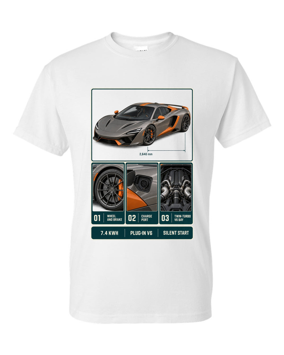 McLaren Artura dossier panel print with 7.4 kWh, plug-in V6 and silent start white t-shirt front view with the design